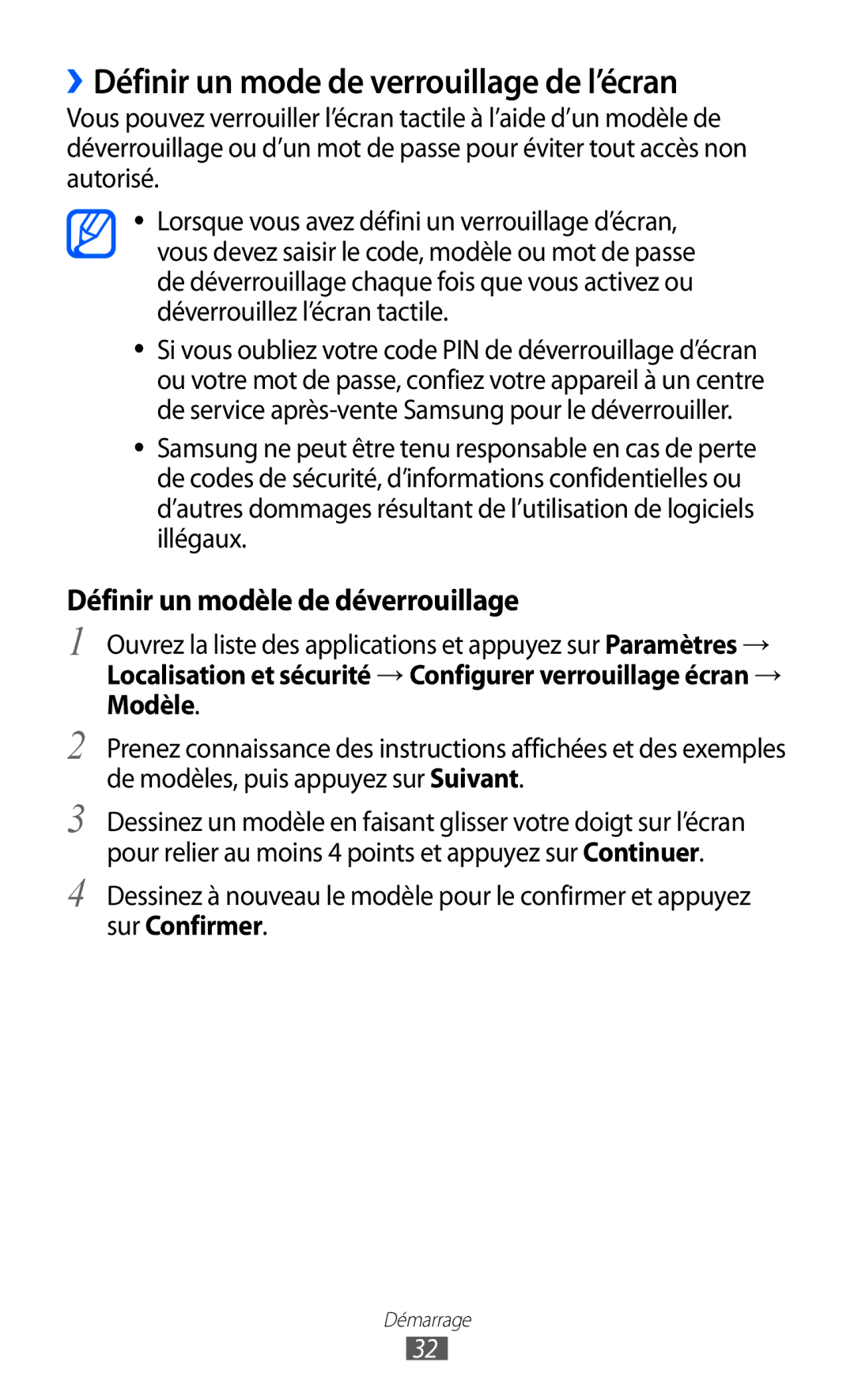 Samsung GT-P6200MAASFR, GT-P6200ZWAFTM, GT-P6200UWAXEF manual ››Définir un mode de verrouillage de l’écran, Sur Confirmer 