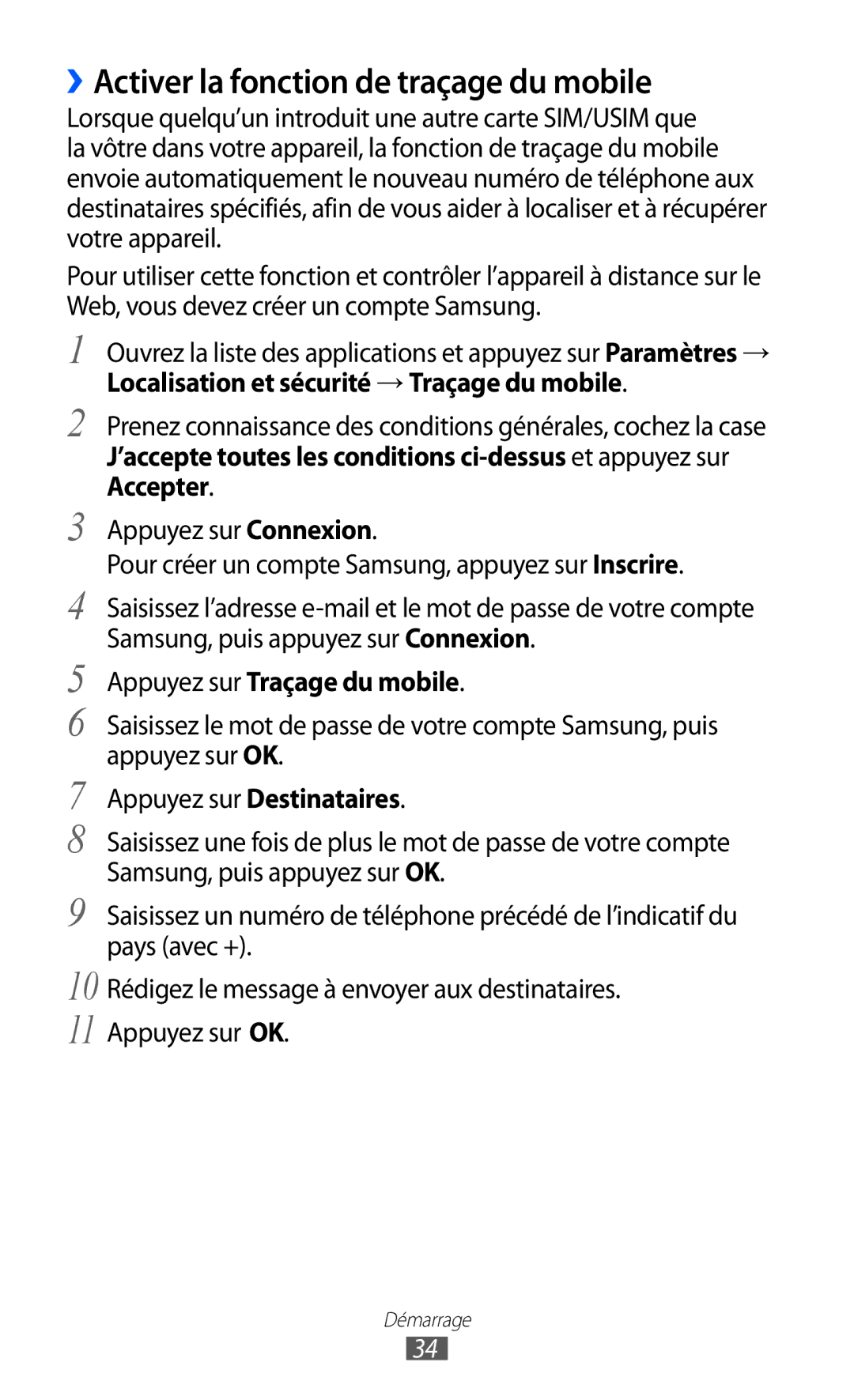 Samsung GT-P6200ZWASFR manual ››Activer la fonction de traçage du mobile, Localisation et sécurité → Traçage du mobile 