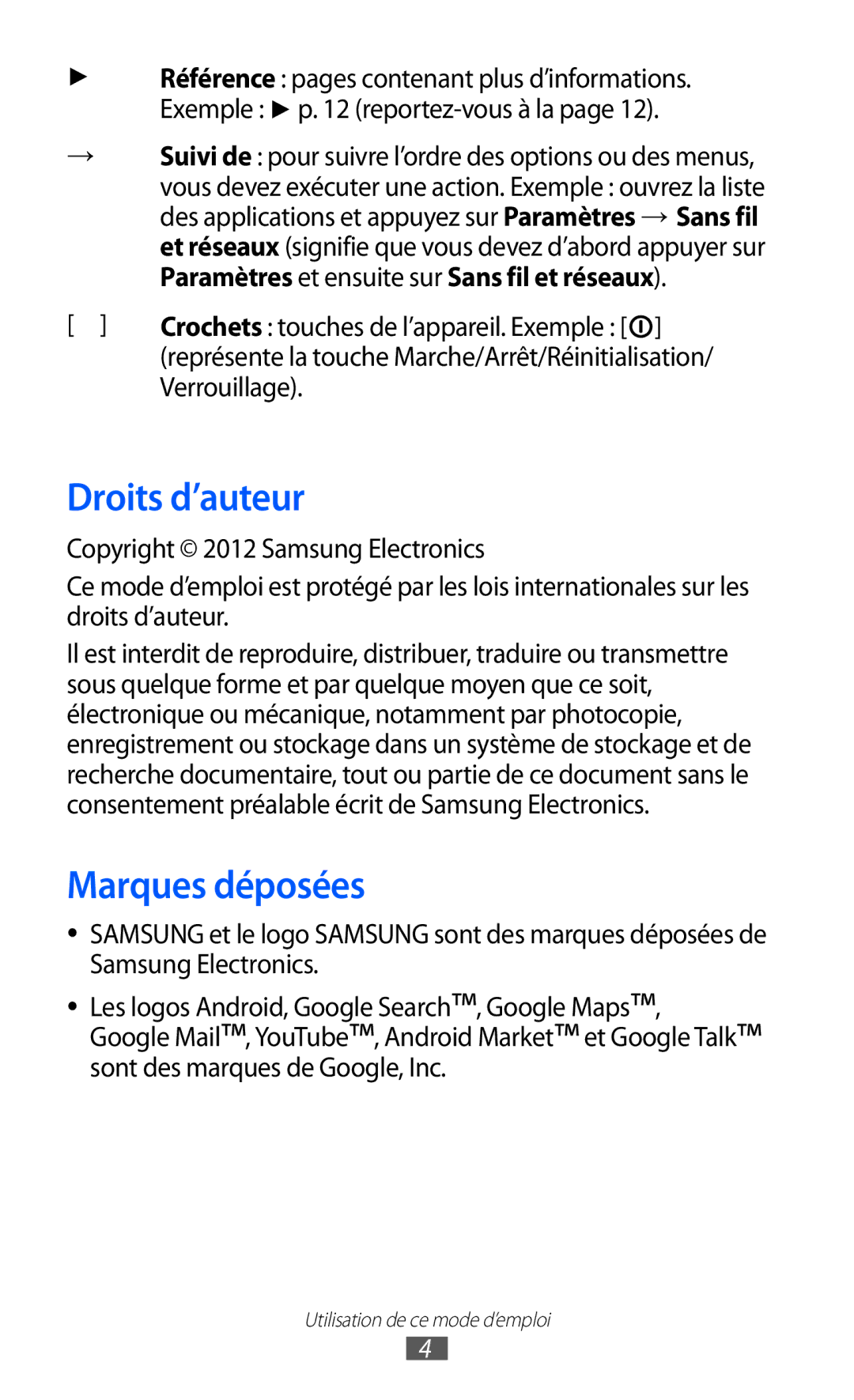 Samsung GT-P6200UWAFTM, GT-P6200ZWAFTM, GT-P6200UWAXEF, GT-P6200MAAXEF manual Droits d’auteur, Marques déposées, Verrouillage 