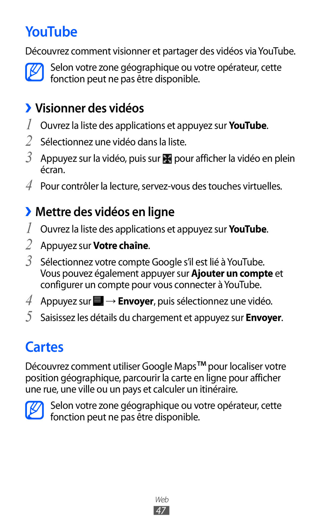 Samsung GT-P6200MAAXEF, GT-P6200ZWAFTM manual YouTube, Cartes, ››Visionner des vidéos, ››Mettre des vidéos en ligne 