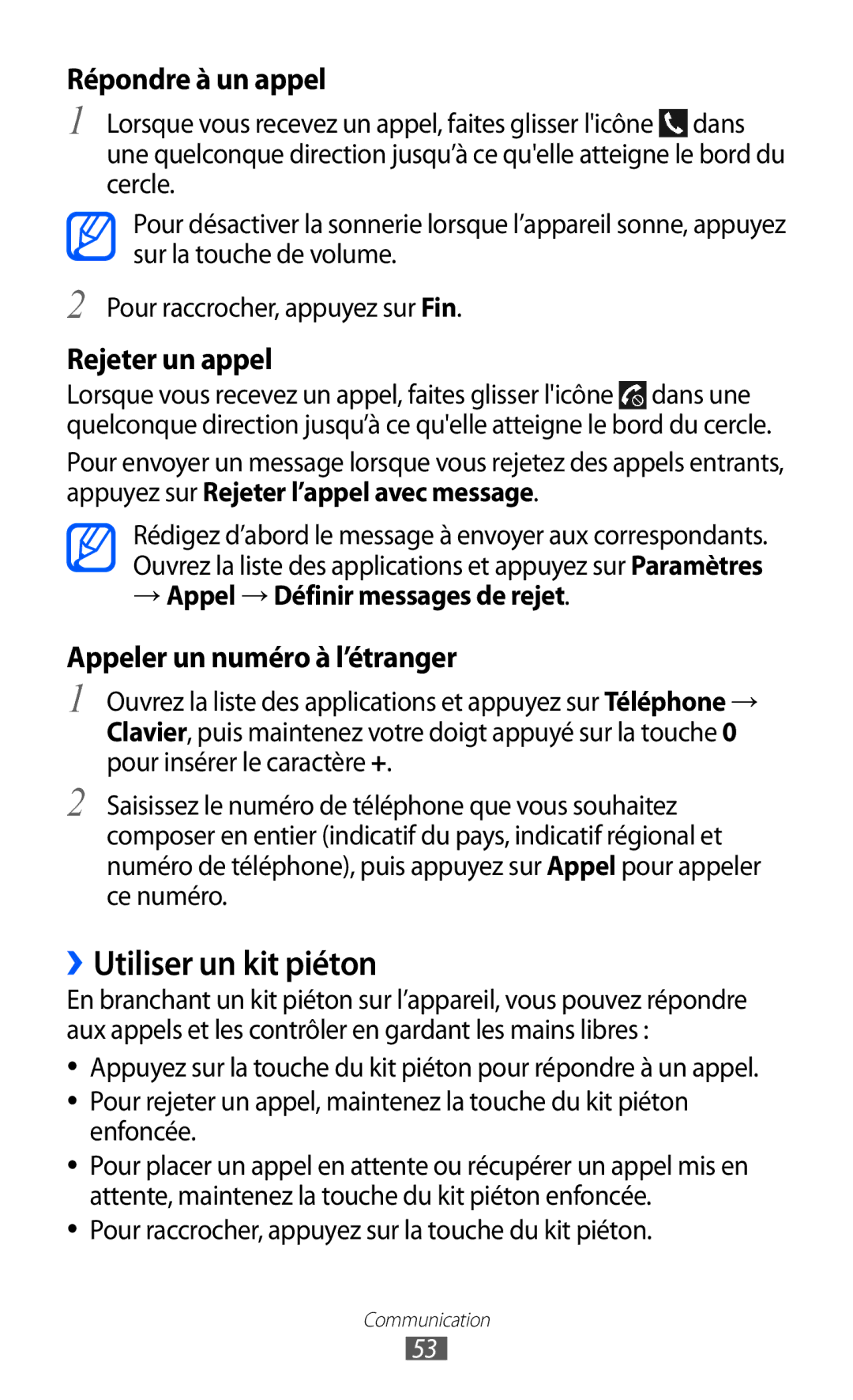 Samsung GT-P6200MAAFTM, GT-P6200ZWAFTM, GT-P6200UWAXEF manual ››Utiliser un kit piéton, → Appel → Définir messages de rejet 