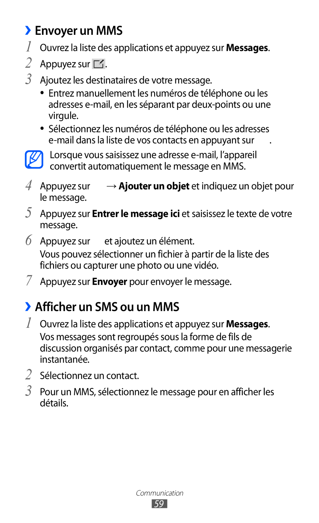 Samsung GT-P6200MAASFR, GT-P6200ZWAFTM, GT-P6200UWAXEF, GT-P6200MAAXEF manual ››Envoyer un MMS, ››Afficher un SMS ou un MMS 