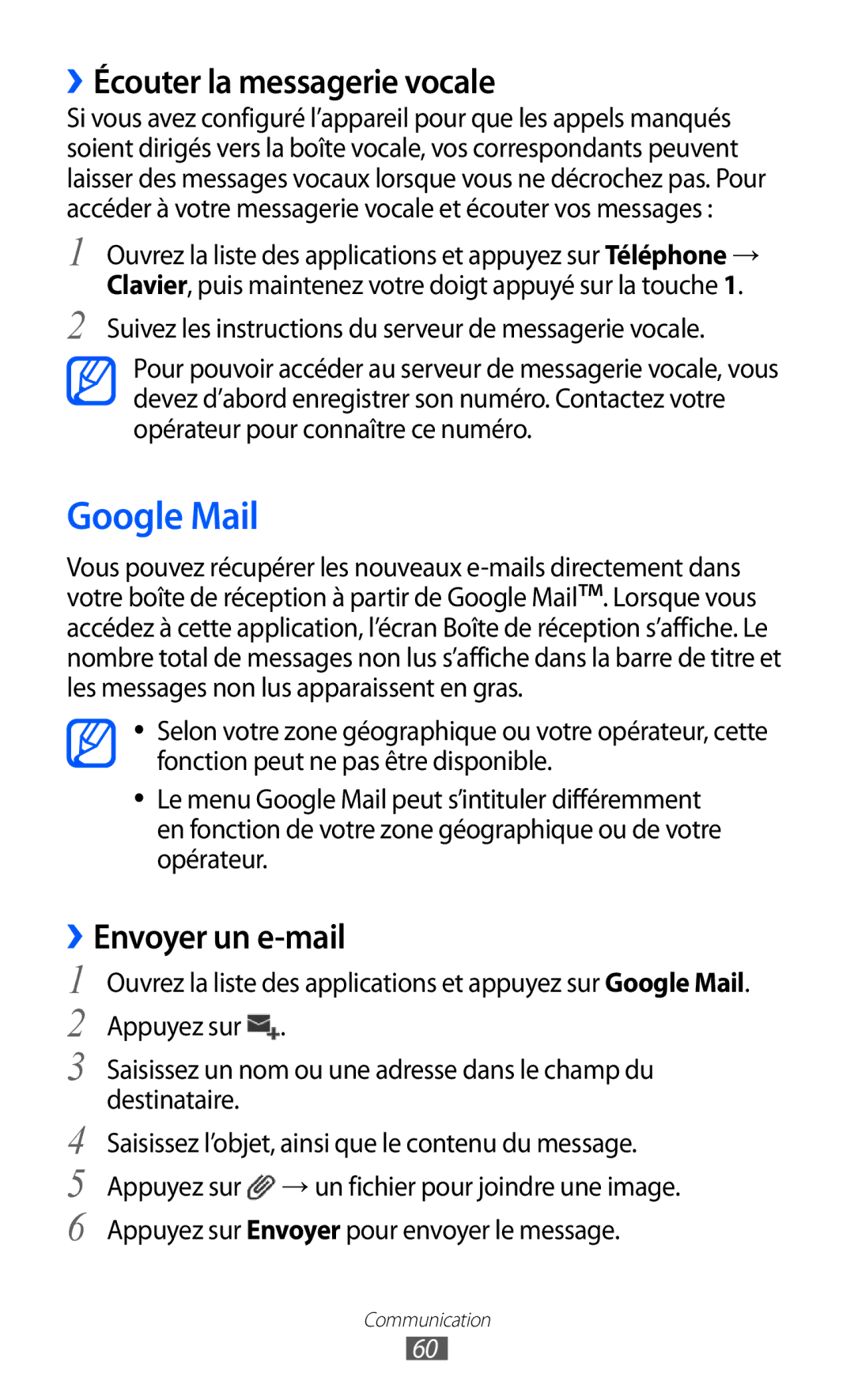 Samsung GT-P6200ZWAXEF, GT-P6200ZWAFTM, GT-P6200UWAXEF manual Google Mail, ››Écouter la messagerie vocale, Envoyer un e-mail 