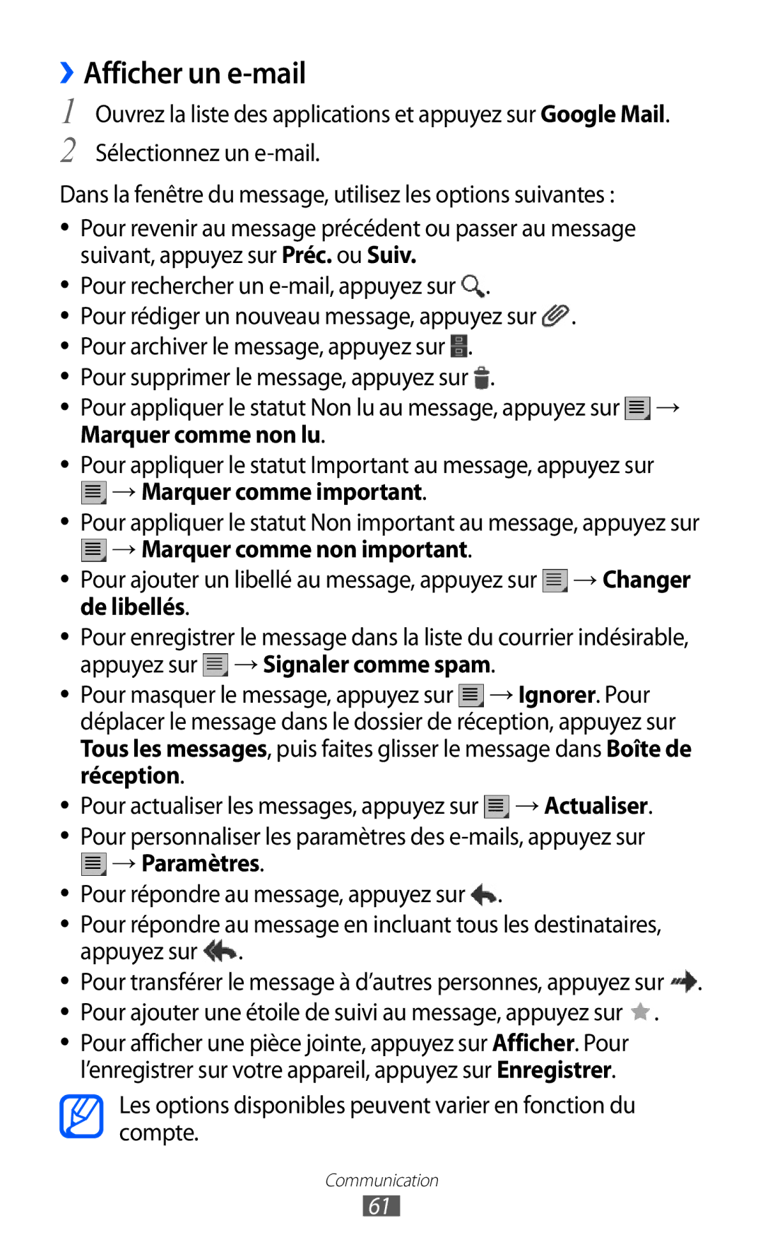 Samsung GT-P6200ZWASFR, GT-P6200ZWAFTM manual ››Afficher un e-mail, → Marquer comme important, → Marquer comme non important 