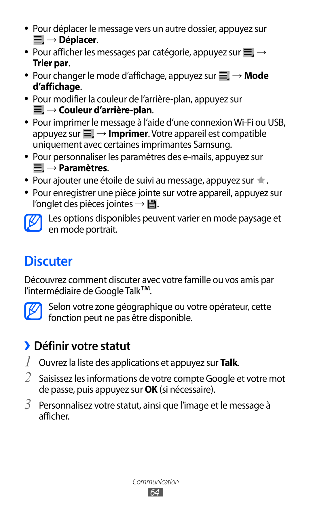 Samsung GT-P6200UWAXEF, GT-P6200ZWAFTM Discuter, ››Définir votre statut, Trier par, ’affichage, → Couleur d’arrière-plan 