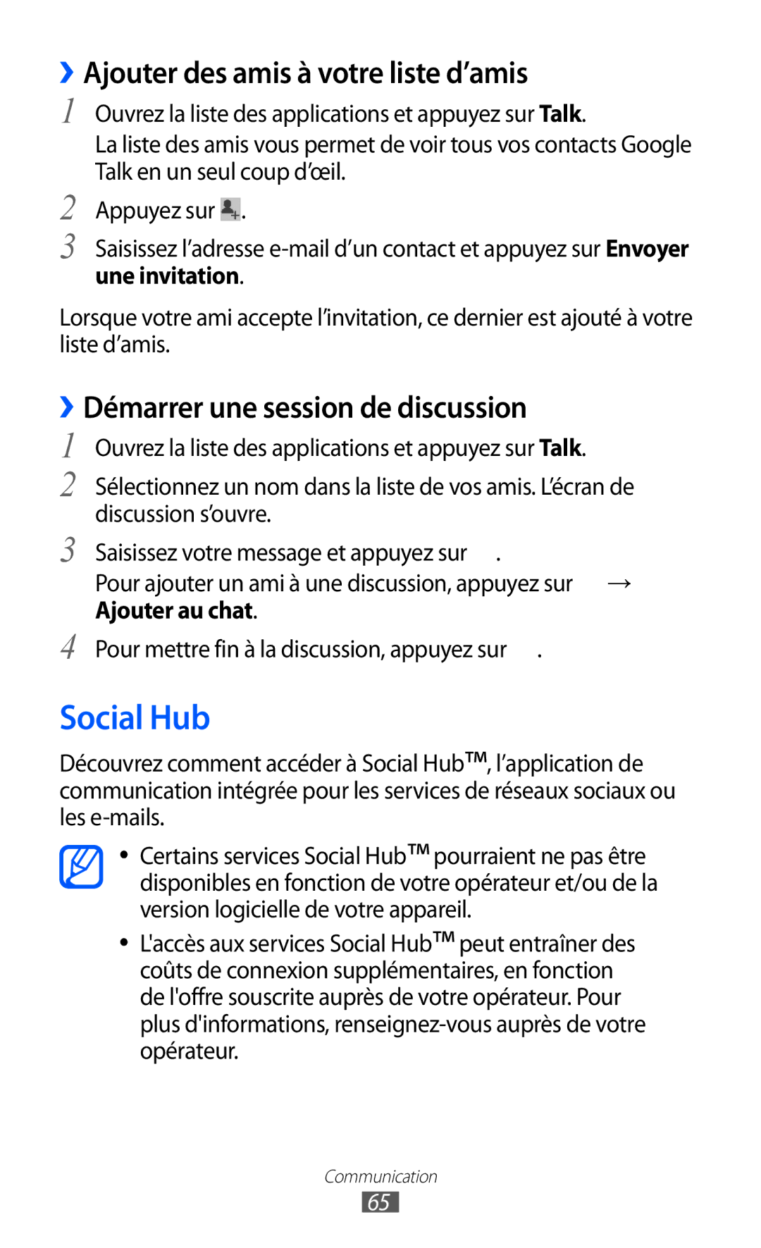 Samsung GT-P6200MAAXEF manual Social Hub, ››Ajouter des amis à votre liste d’amis, ››Démarrer une session de discussion 