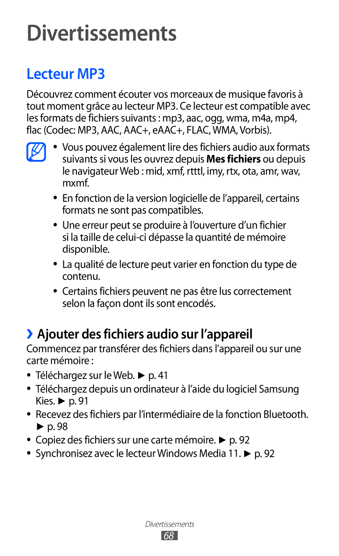 Samsung GT-P6200MAASFR, GT-P6200ZWAFTM manual Divertissements, Lecteur MP3, ››Ajouter des fichiers audio sur l’appareil 