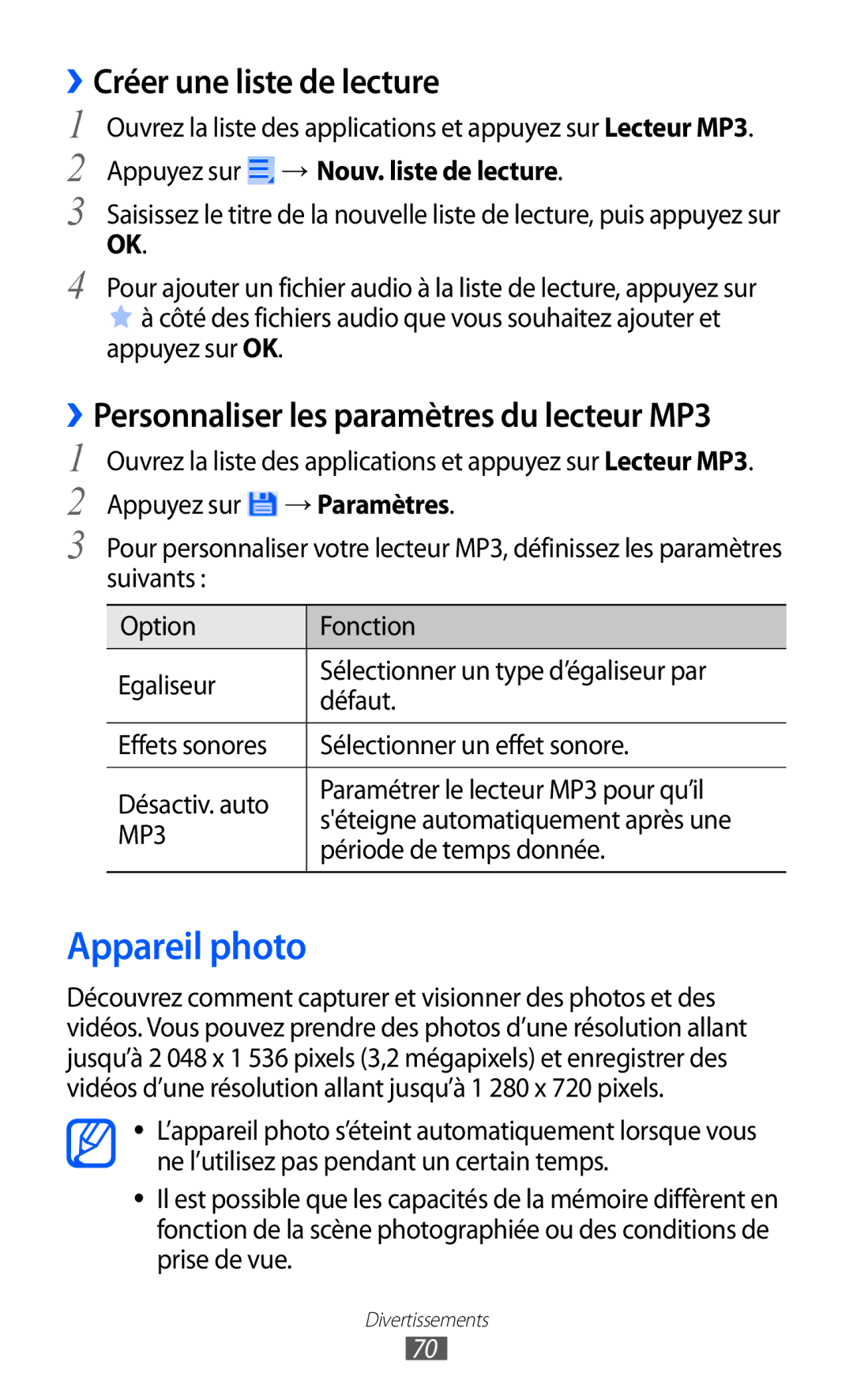 Samsung GT-P6200ZWASFR manual Appareil photo, Créer une liste de lecture, ››Personnaliser les paramètres du lecteur MP3 