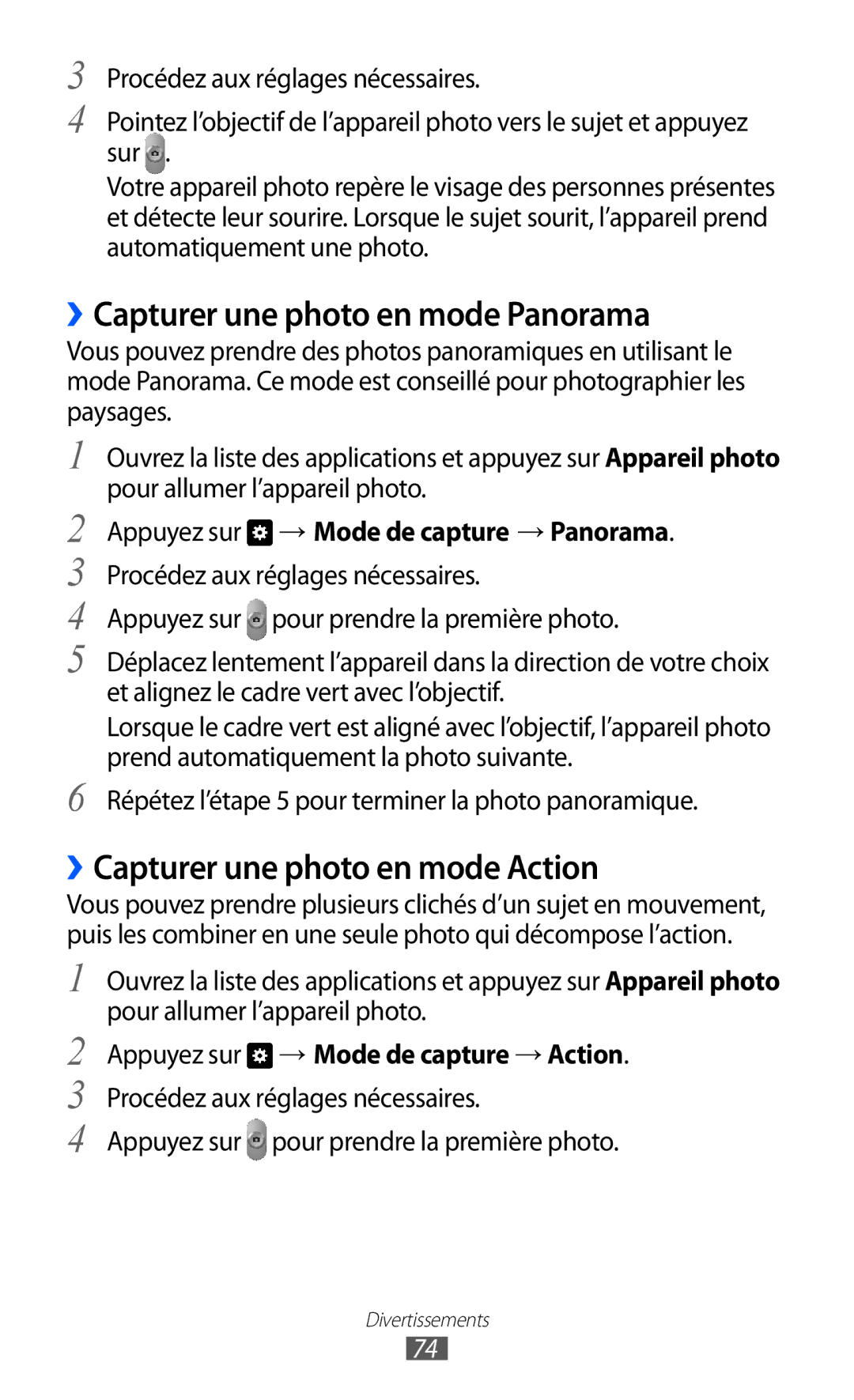 Samsung GT-P6200MAAXEF, GT-P6200ZWAFTM manual ››Capturer une photo en mode Panorama, ››Capturer une photo en mode Action 