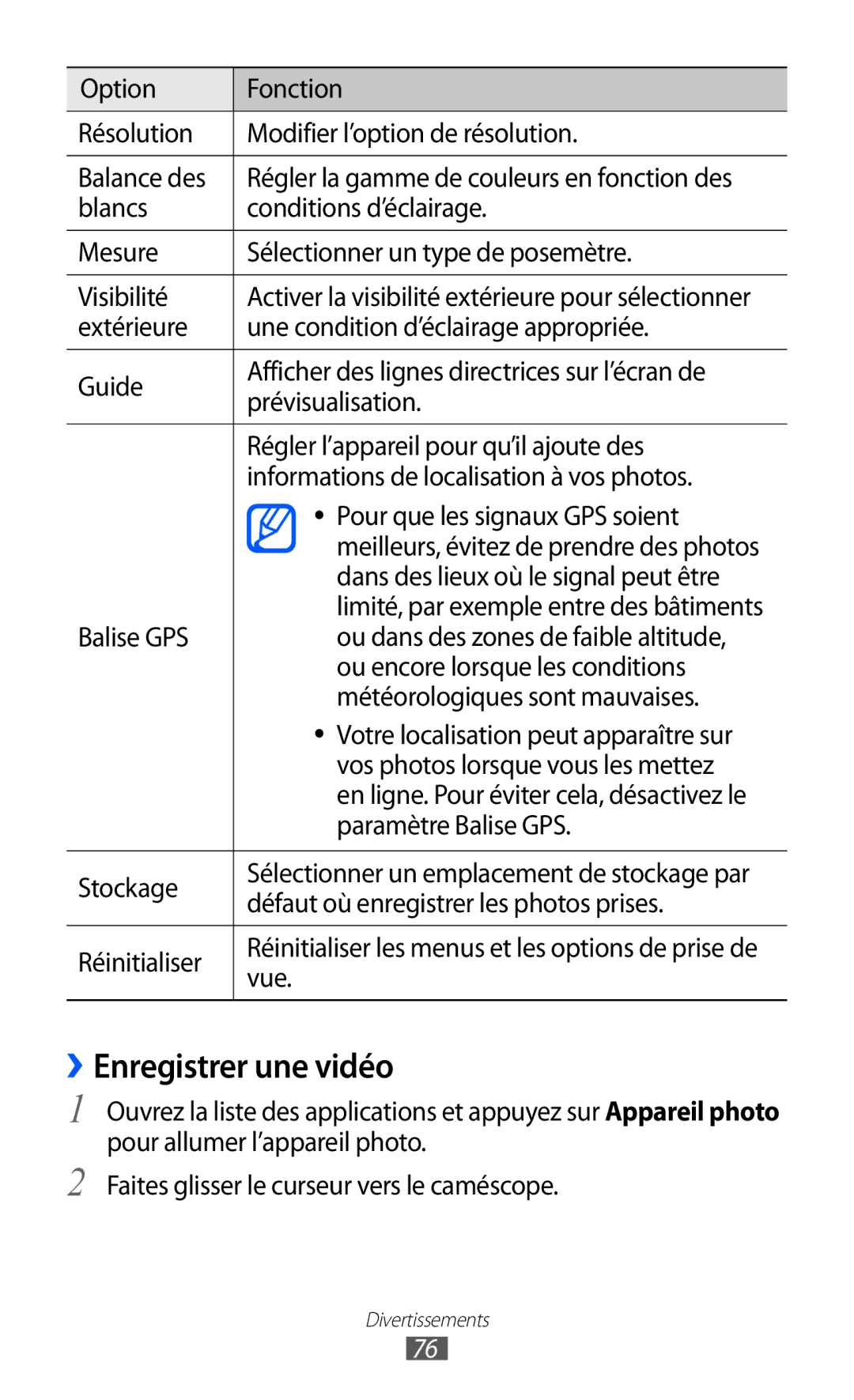 Samsung GT-P6200UWAFTM, GT-P6200ZWAFTM, GT-P6200UWAXEF, GT-P6200MAAXEF, GT-P6200UWASFR, GT-P6200MAASFR ››Enregistrer une vidéo 