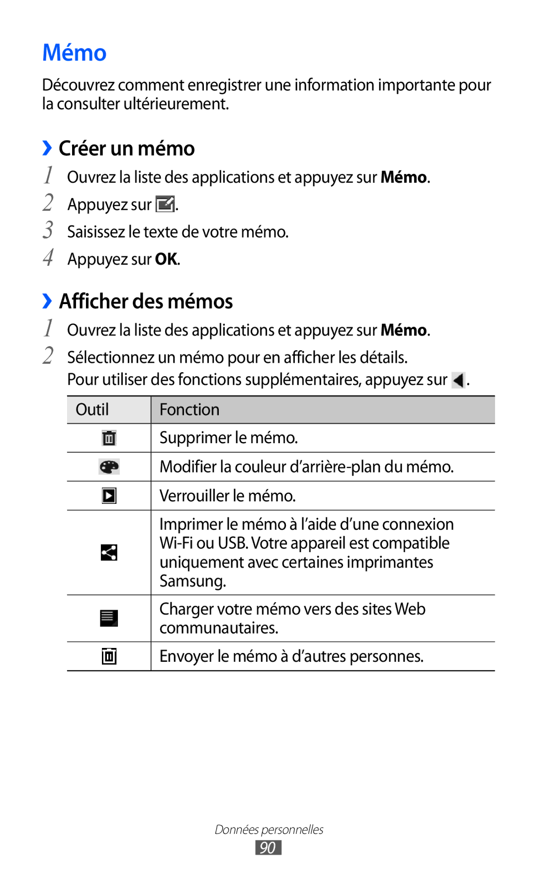 Samsung GT-P6200ZWAFTM, GT-P6200UWAXEF, GT-P6200MAAXEF, GT-P6200UWASFR manual Mémo, ››Créer un mémo, ››Afficher des mémos 