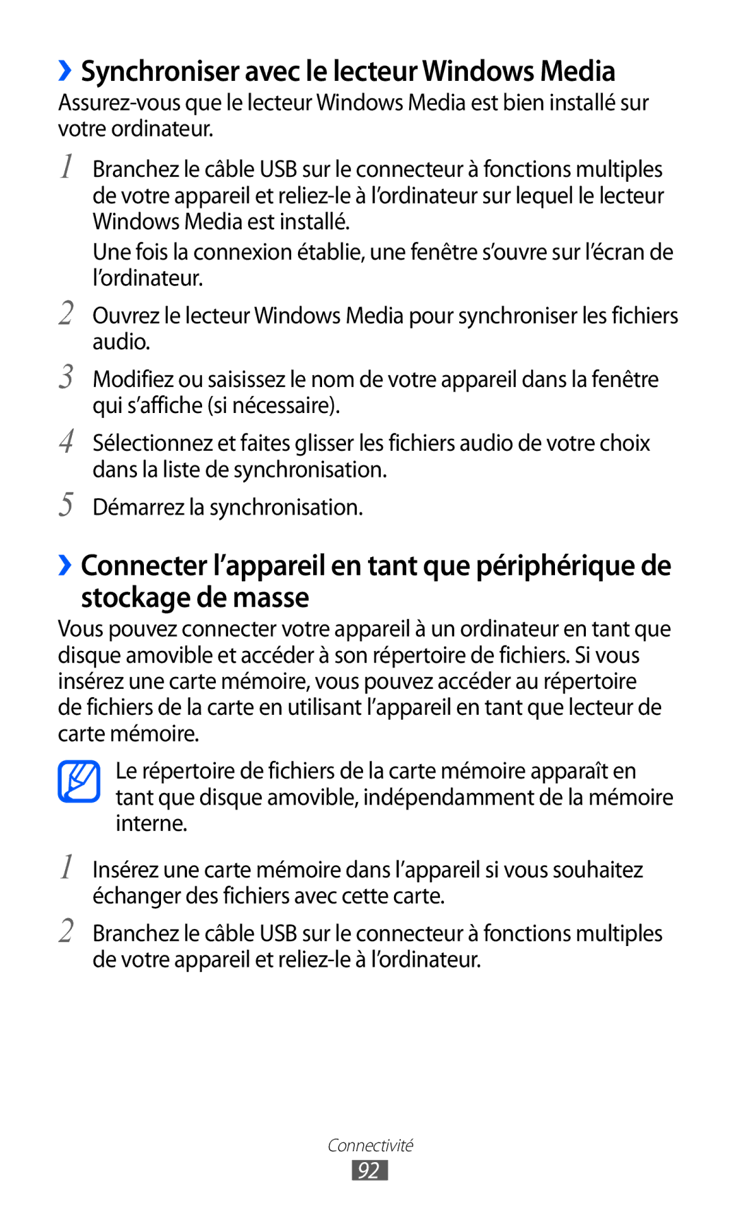 Samsung GT-P6200MAAXEF, GT-P6200ZWAFTM, GT-P6200UWAXEF, GT-P6200UWASFR manual ››Synchroniser avec le lecteur Windows Media 