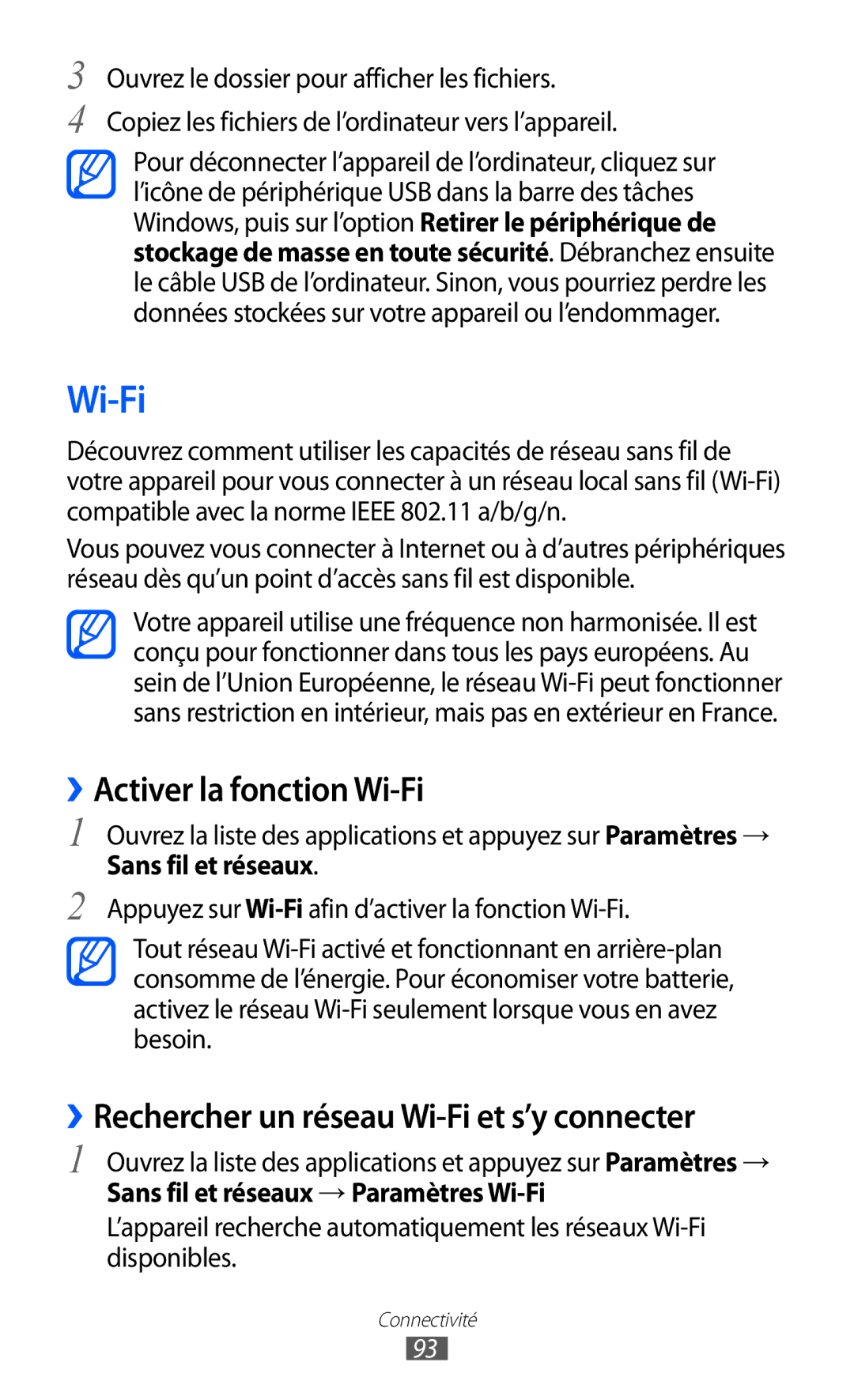 Samsung GT-P6200UWASFR, GT-P6200ZWAFTM manual ››Activer la fonction Wi-Fi, ››Rechercher un réseau Wi-Fi et s’y connecter 