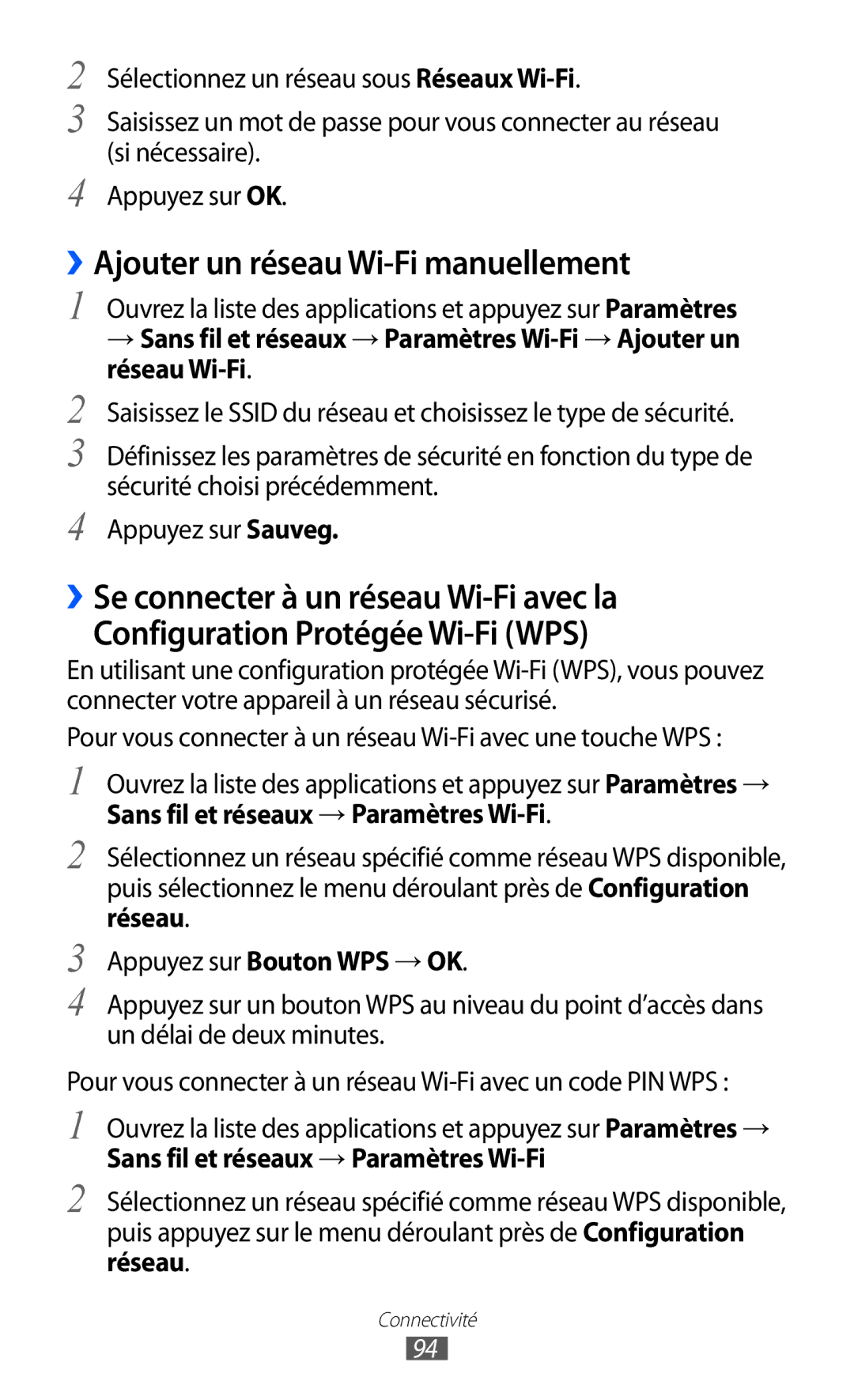 Samsung GT-P6200UWAFTM, GT-P6200ZWAFTM manual ››Ajouter un réseau Wi-Fi manuellement, Sans fil et réseaux → Paramètres Wi-Fi 