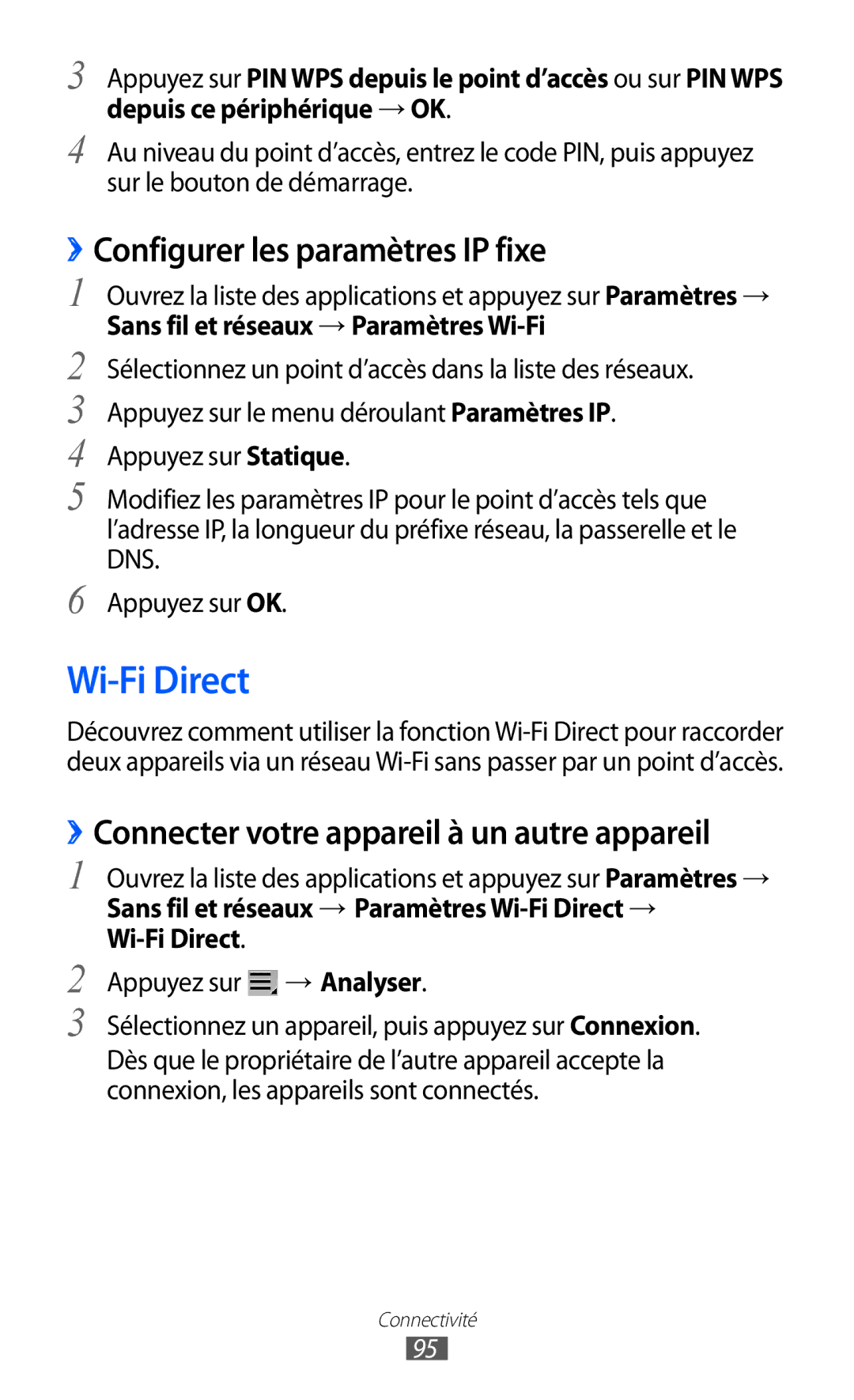 Samsung GT-P6200MAASFR Wi-Fi Direct, ››Configurer les paramètres IP fixe, ››Connecter votre appareil à un autre appareil 