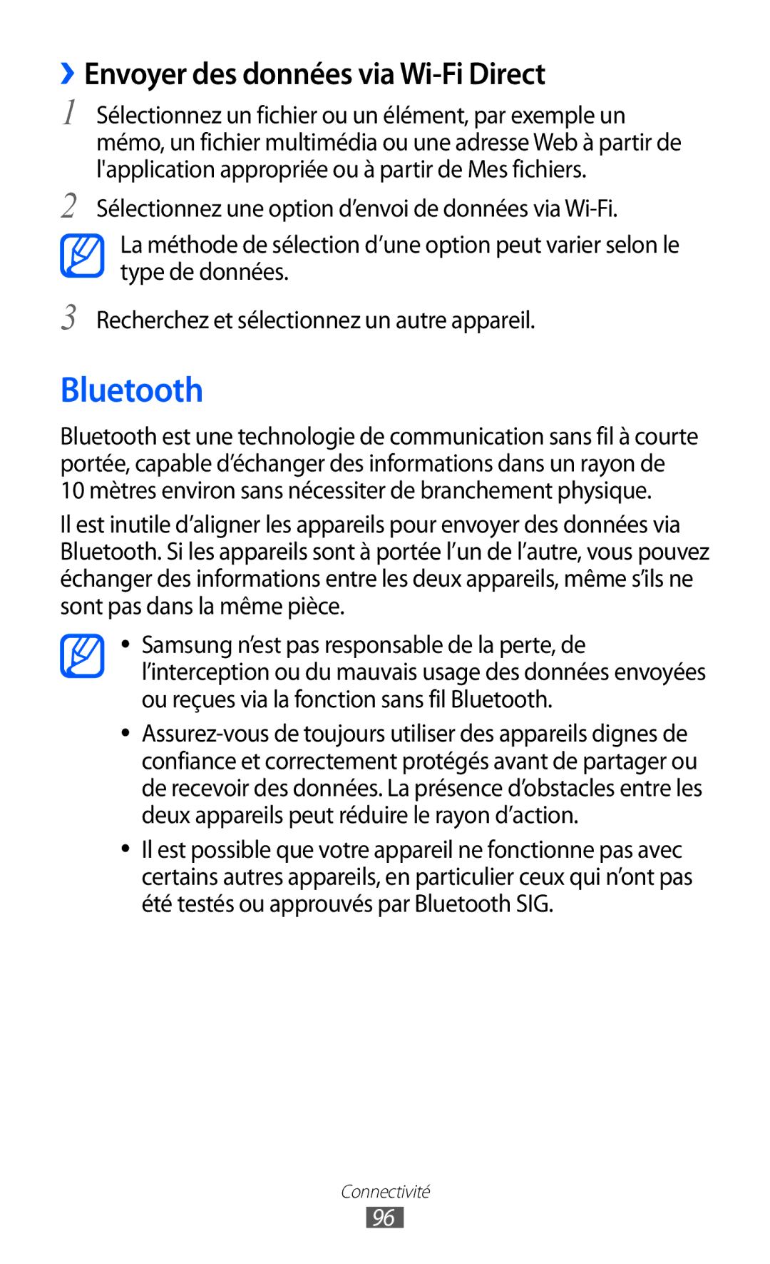 Samsung GT-P6200ZWAXEF, GT-P6200ZWAFTM, GT-P6200UWAXEF, GT-P6200MAAXEF Bluetooth, ››Envoyer des données via Wi-Fi Direct 