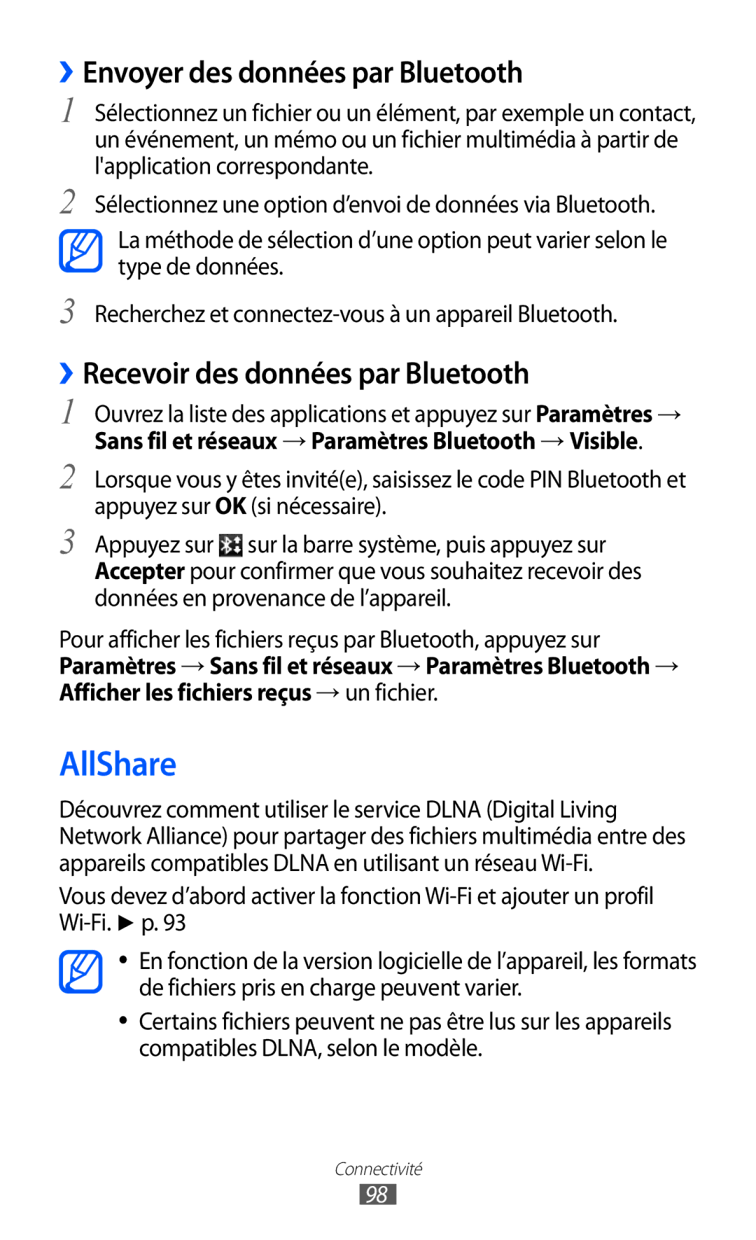 Samsung GT-P6200MAAFTM, GT-P6200ZWAFTM AllShare, ››Envoyer des données par Bluetooth, ››Recevoir des données par Bluetooth 