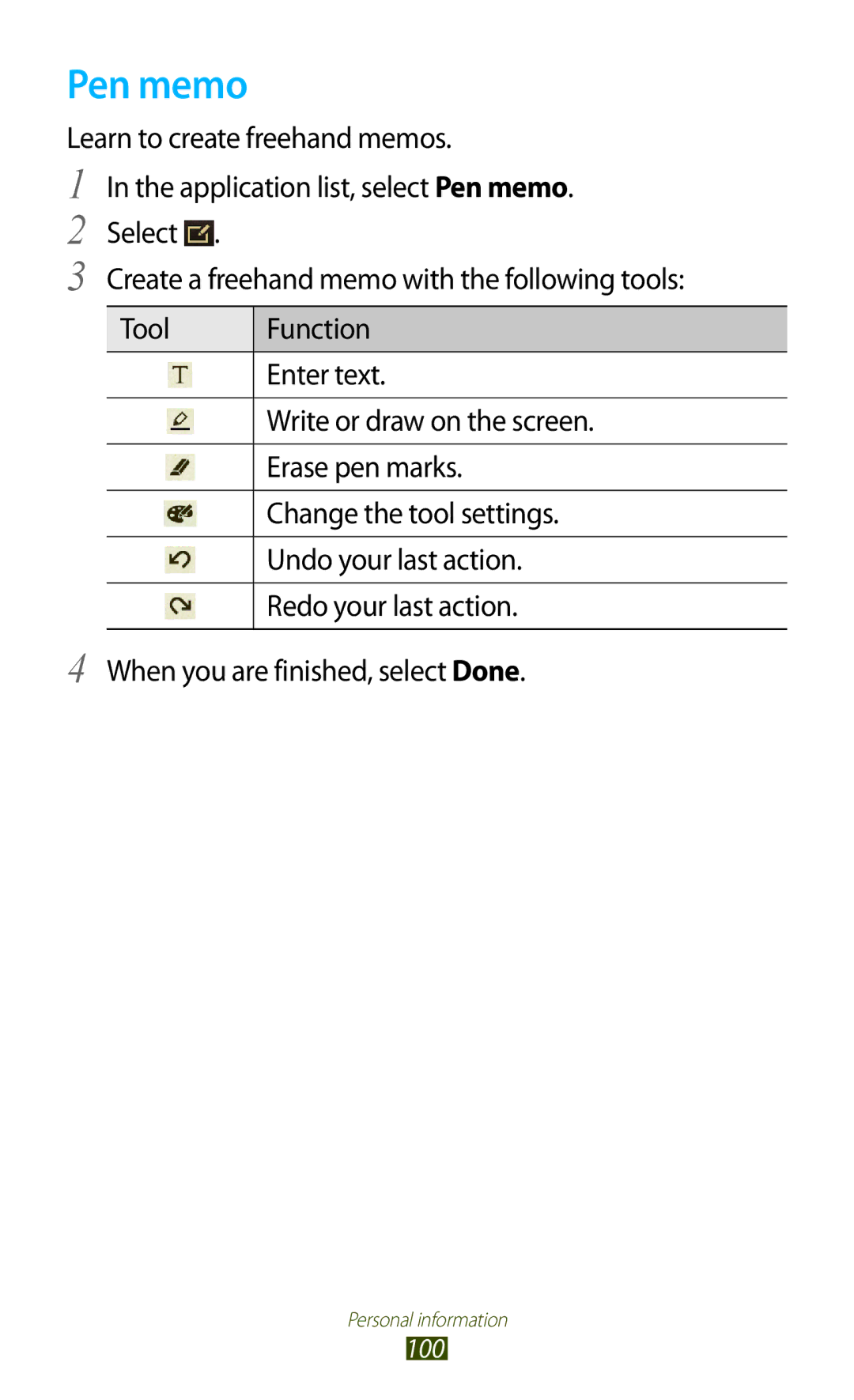 Samsung GT-P6201MAADBT, GT-P6201UWADBT manual Pen memo 