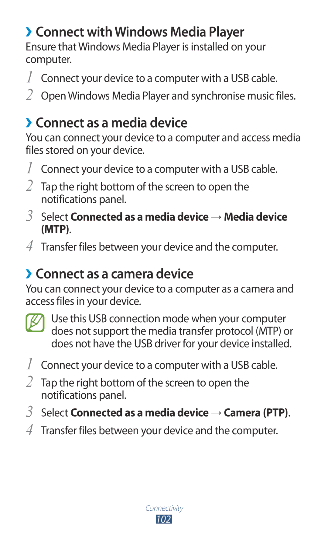 Samsung GT-P6201MAADBT ››Connect with Windows Media Player, ››Connect as a media device, ››Connect as a camera device 