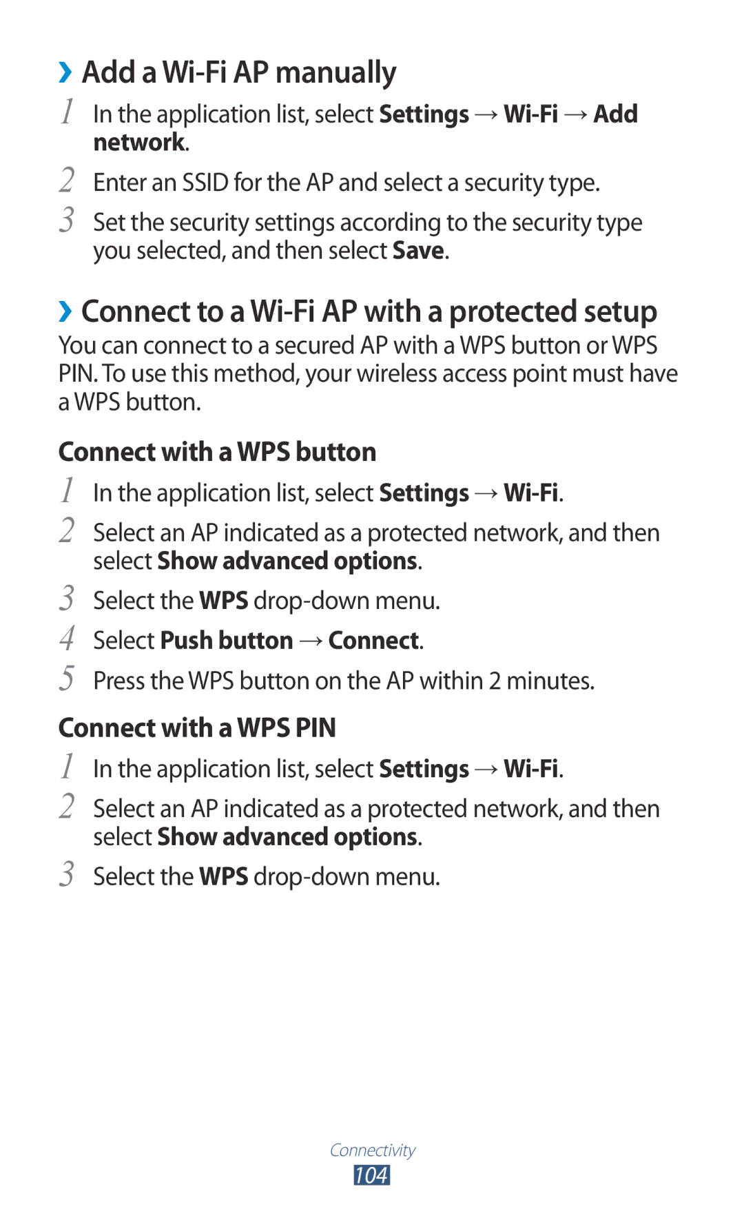 Samsung GT-P6201MAADBT, GT-P6201UWADBT ››Add a Wi-Fi AP manually, Select Push button → Connect 