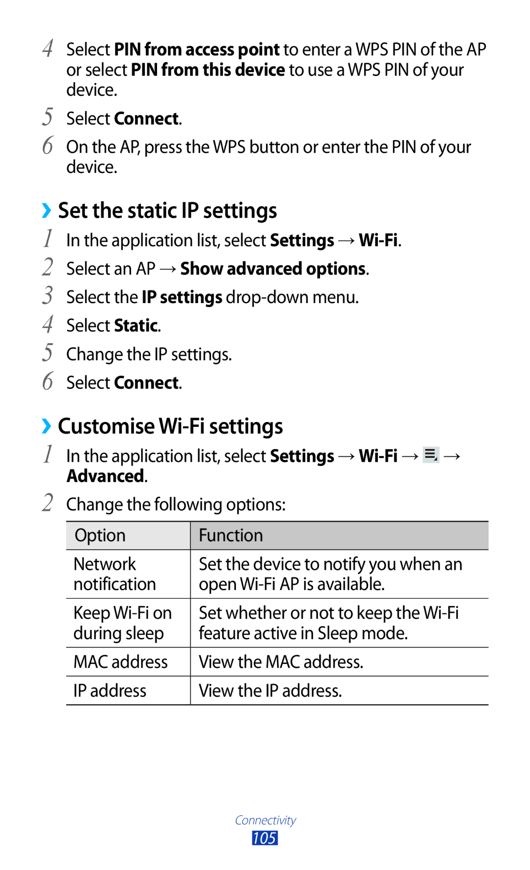 Samsung GT-P6201UWADBT, GT-P6201MAADBT manual ››Set the static IP settings, ››Customise Wi-Fi settings 