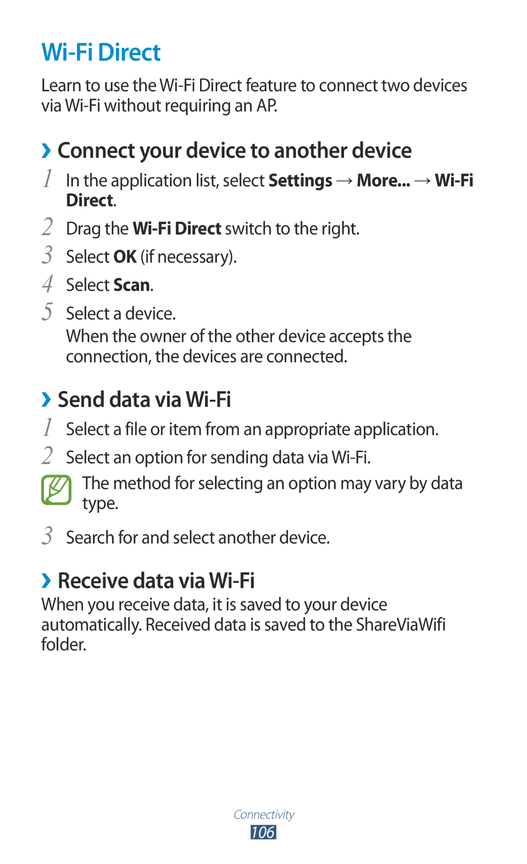 Samsung GT-P6201MAADBT, GT-P6201UWADBT manual Wi-Fi Direct, ››Connect your device to another device, ››Send data via Wi-Fi 