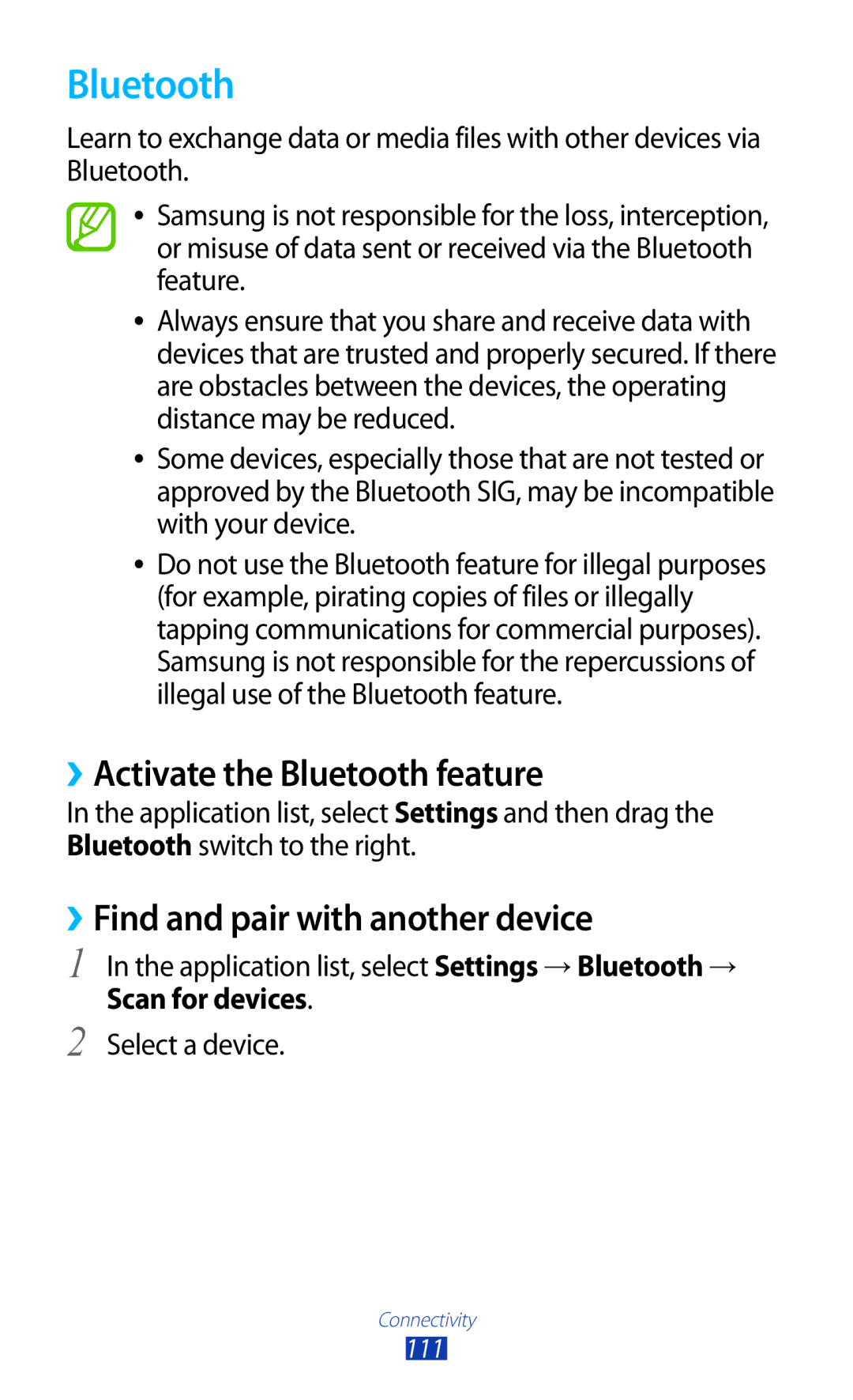 Samsung GT-P6201UWADBT manual ››Activate the Bluetooth feature, ››Find and pair with another device, Scan for devices 