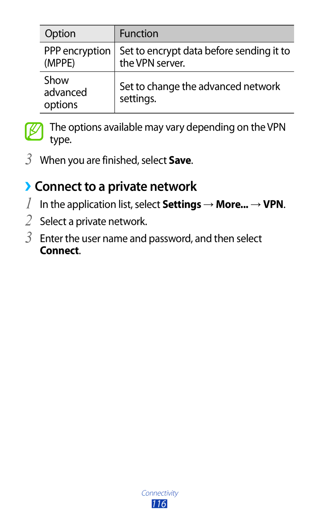 Samsung GT-P6201MAADBT, GT-P6201UWADBT manual ››Connect to a private network, VPN server 