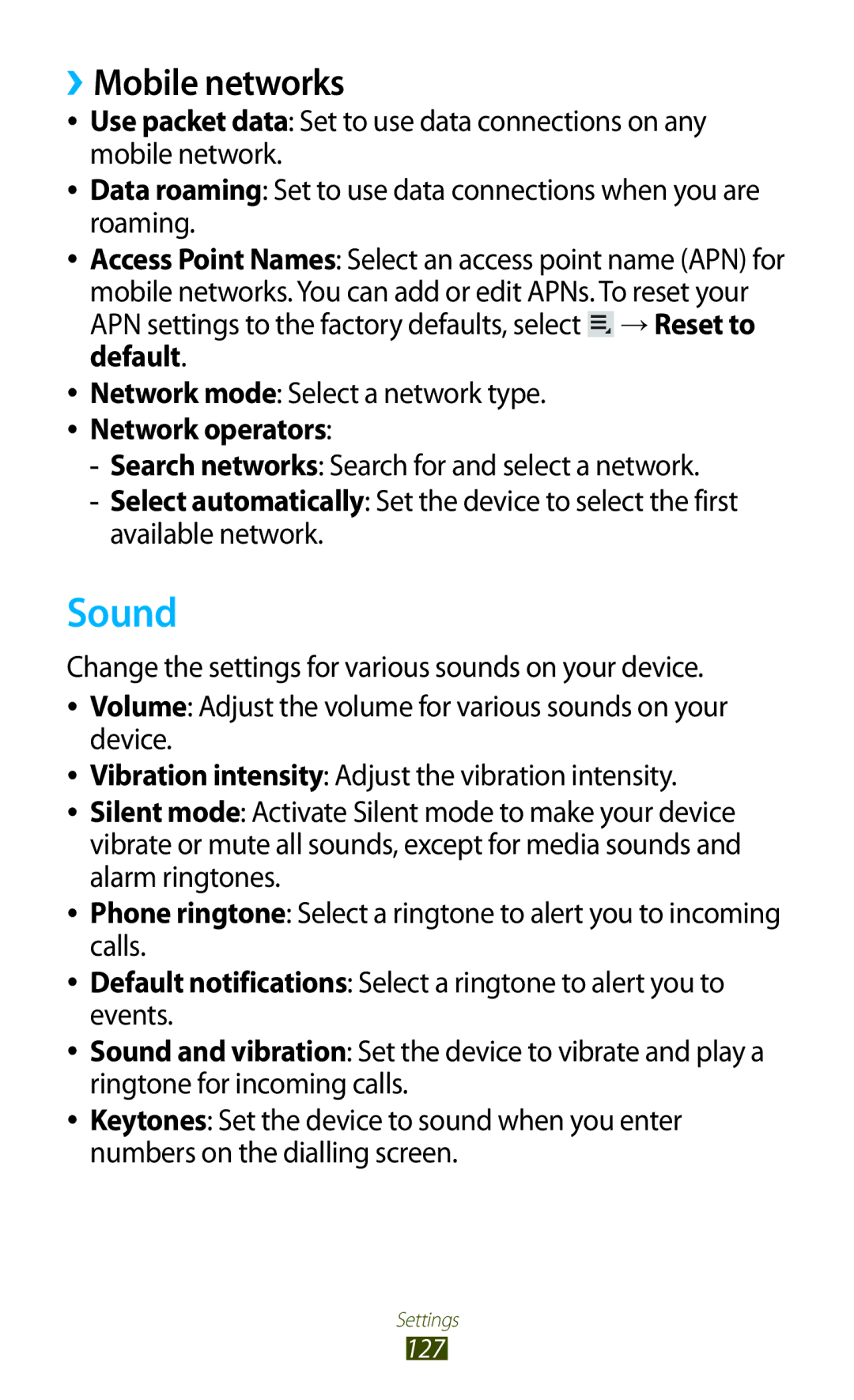 Samsung GT-P6201UWADBT, GT-P6201MAADBT manual Sound, ››Mobile networks 