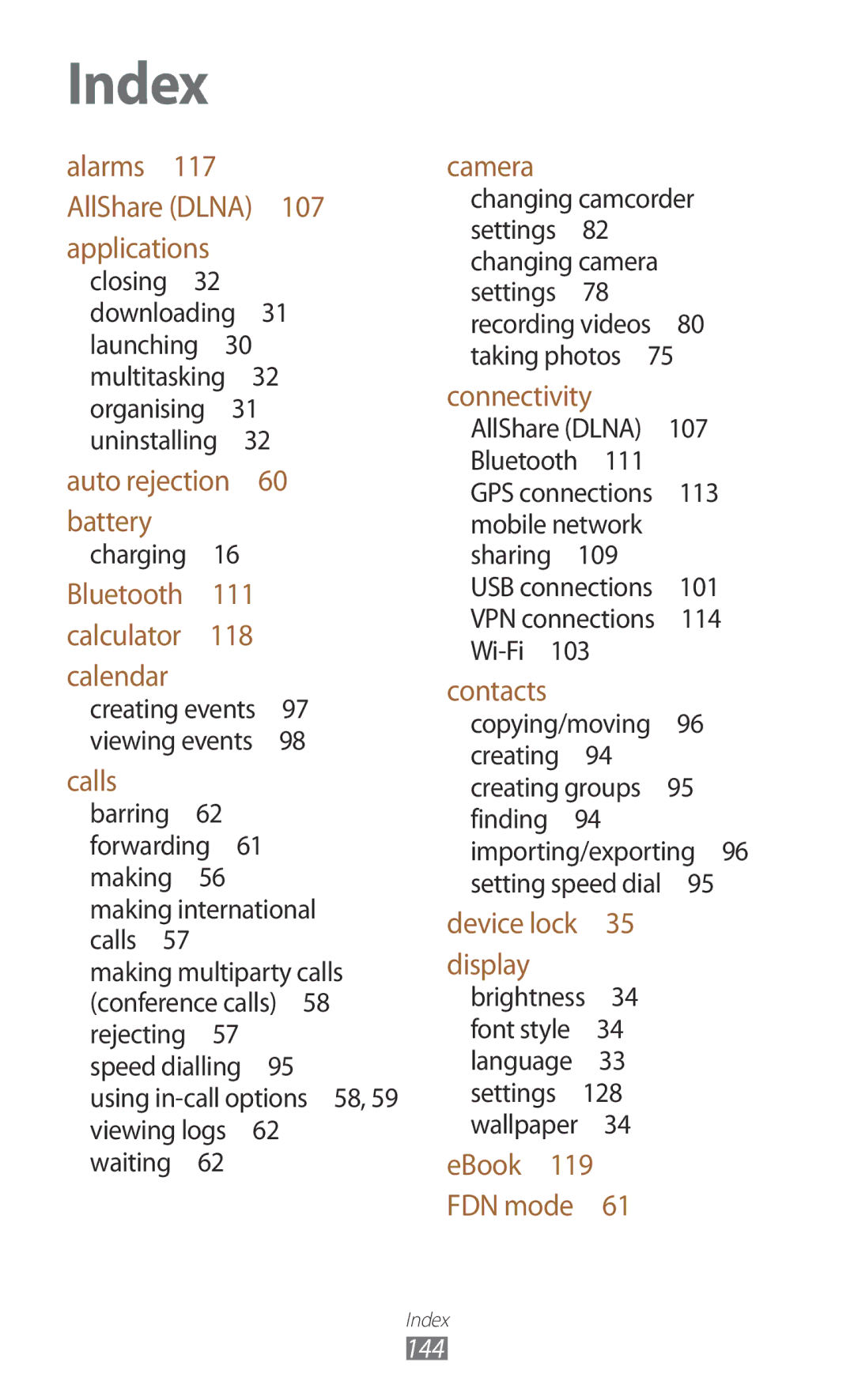 Samsung GT-P6201MAADBT, GT-P6201UWADBT manual Index 