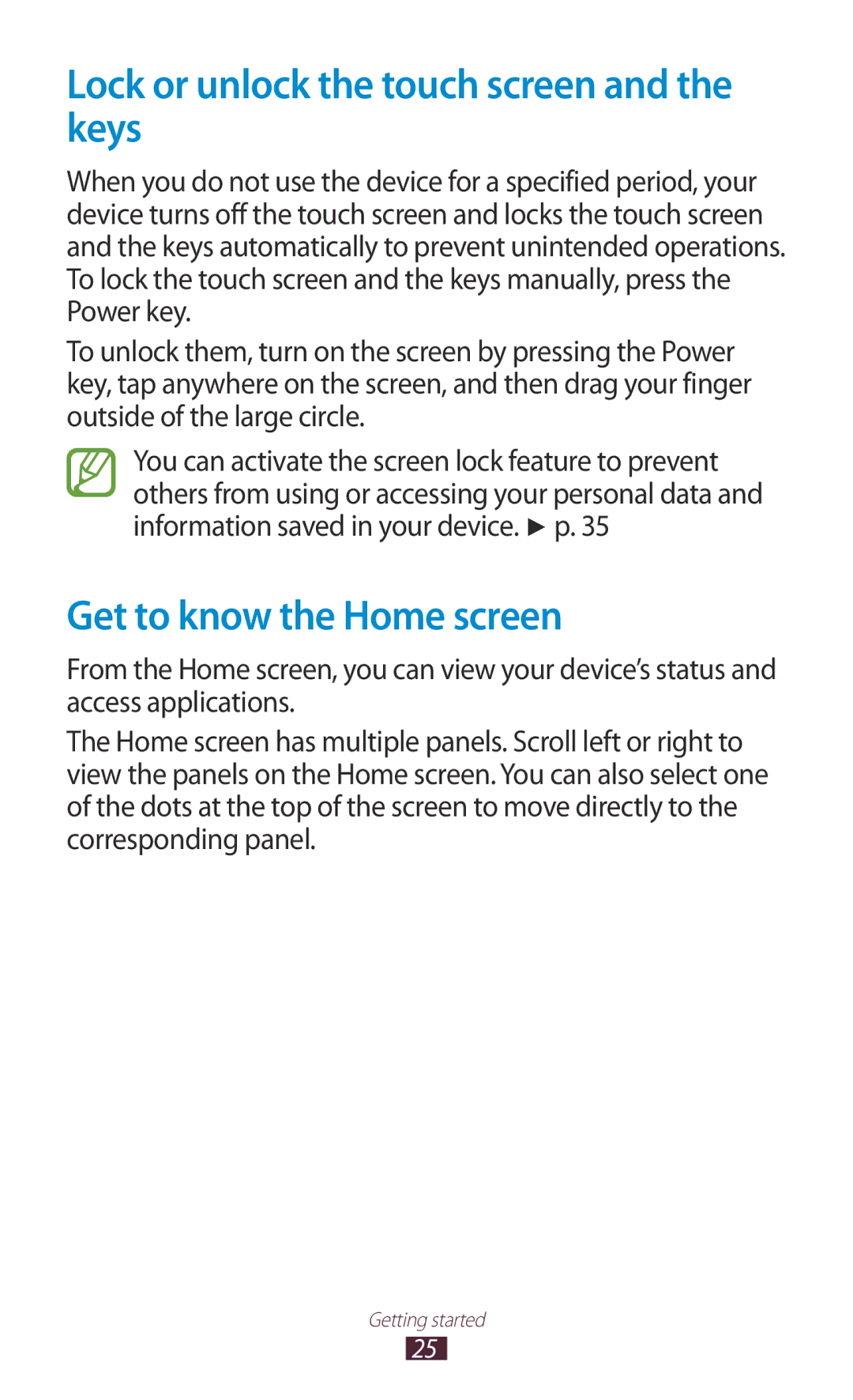 Samsung GT-P6201UWADBT, GT-P6201MAADBT manual Lock or unlock the touch screen and the keys, Get to know the Home screen 