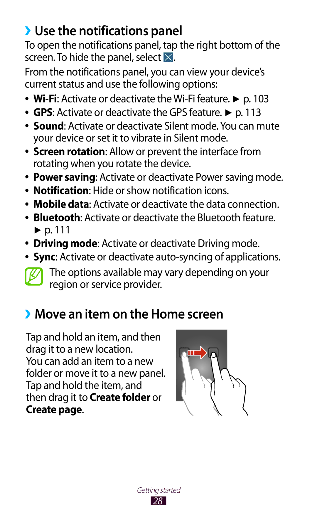 Samsung GT-P6201MAADBT, GT-P6201UWADBT manual ››Use the notifications panel, ››Move an item on the Home screen 