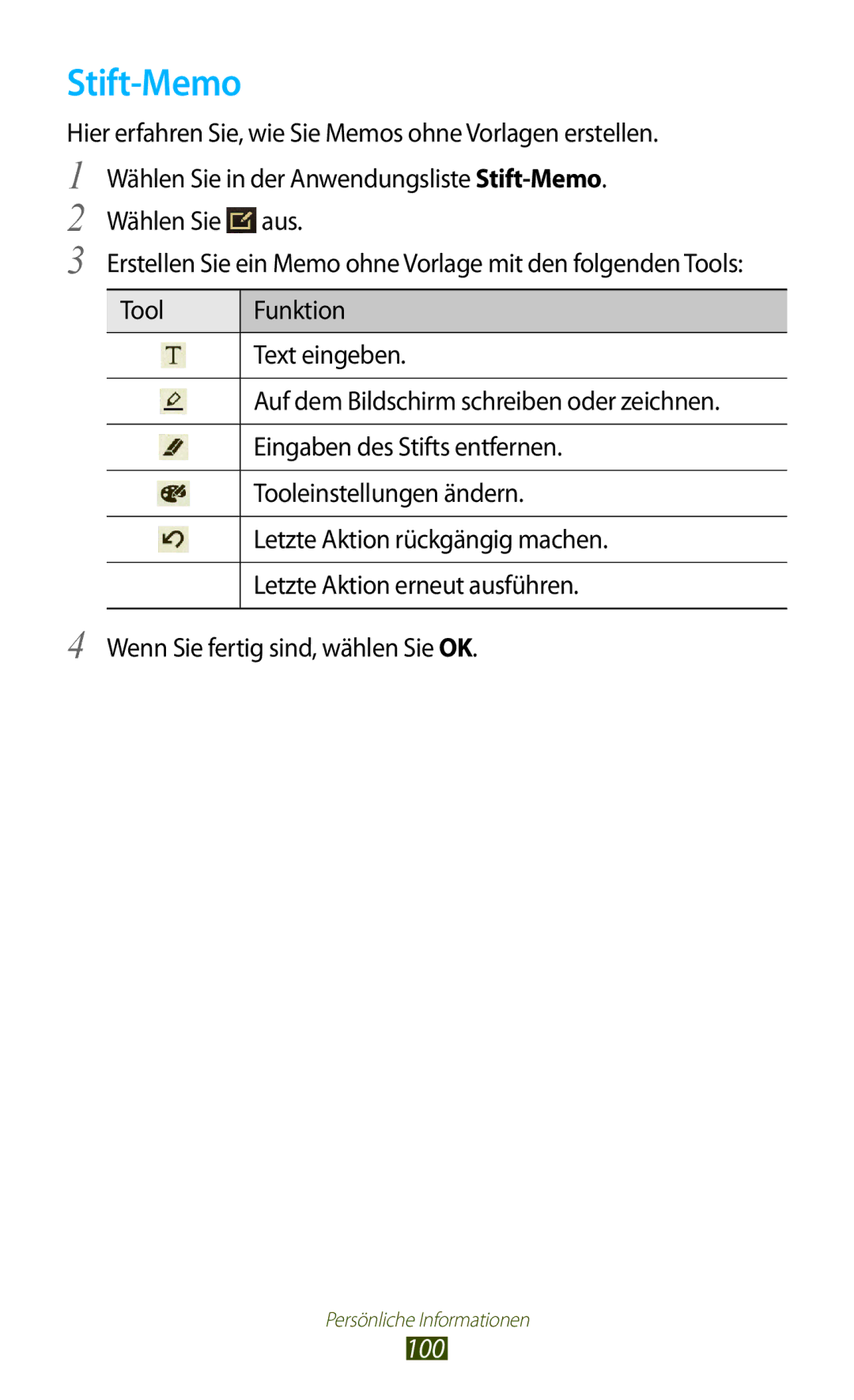 Samsung GT-P6201MAADBT, GT-P6201UWADBT manual Stift-Memo, 100 