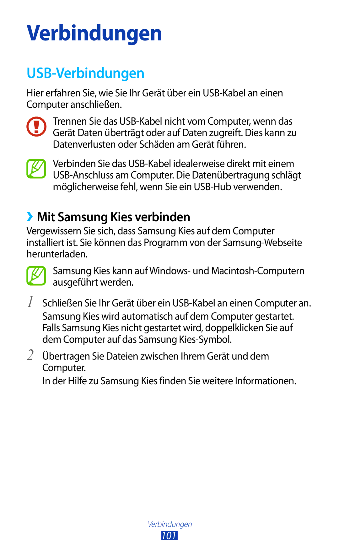 Samsung GT-P6201UWADBT, GT-P6201MAADBT manual USB-Verbindungen, ››Mit Samsung Kies verbinden, 101 