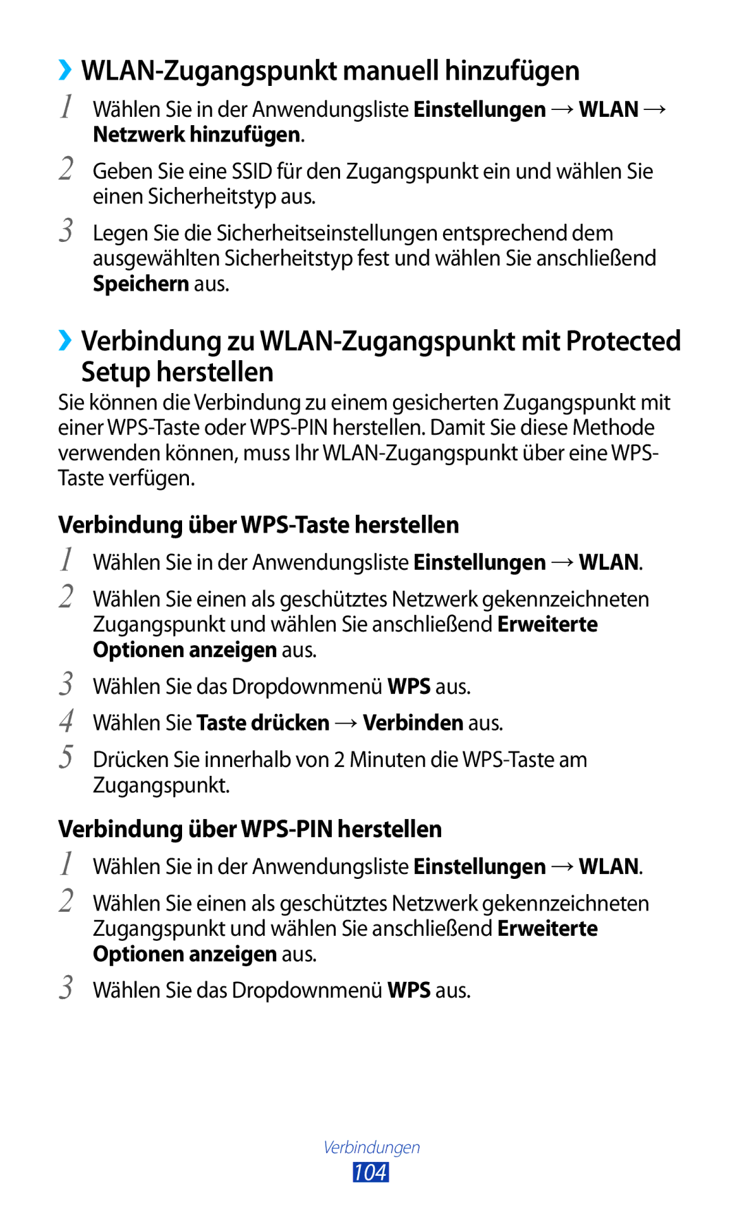 Samsung GT-P6201MAADBT, GT-P6201UWADBT ››WLAN-Zugangspunkt manuell hinzufügen, Setup herstellen, 104, Netzwerk hinzufügen 