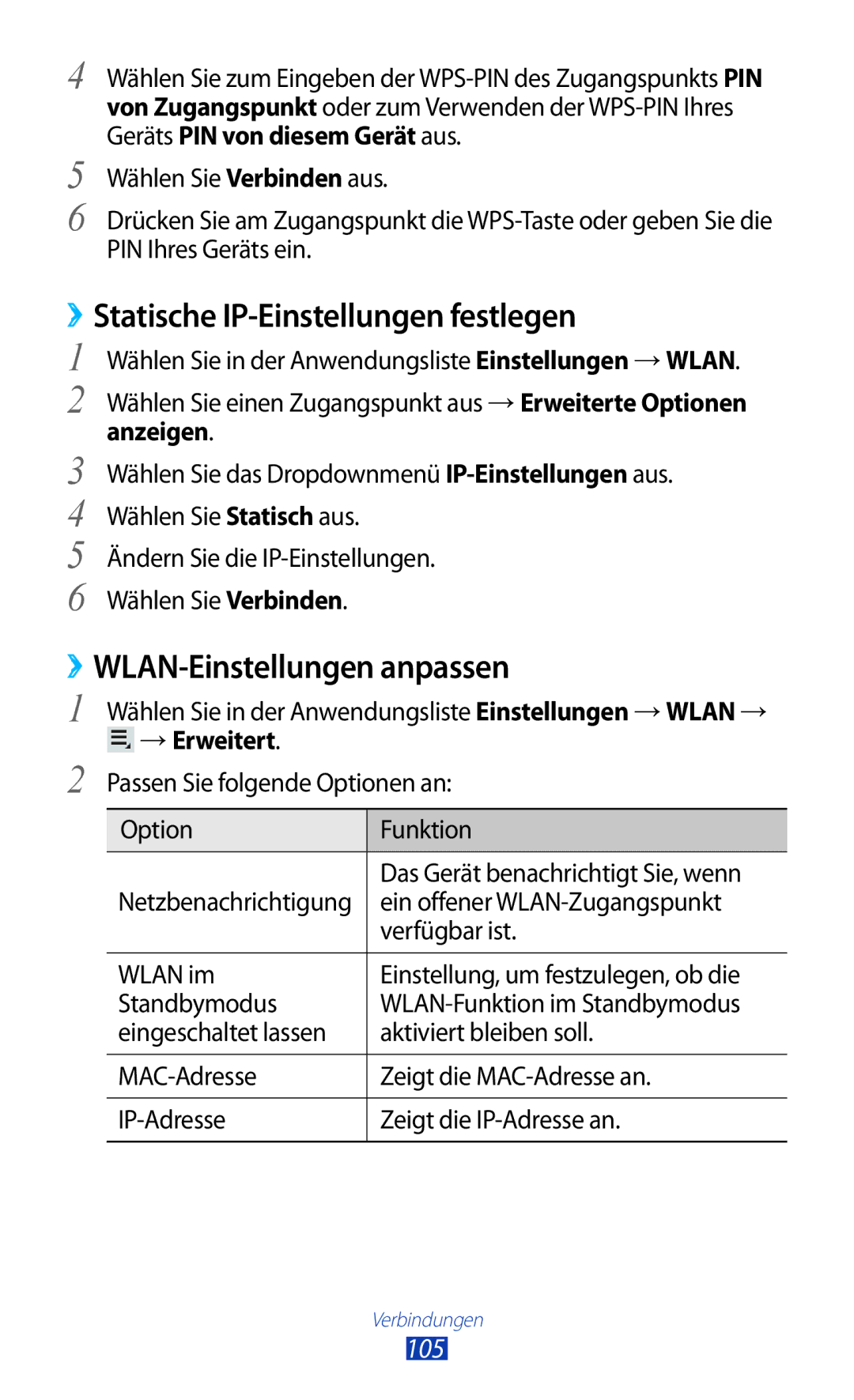 Samsung GT-P6201UWADBT, GT-P6201MAADBT manual ››Statische IP-Einstellungen festlegen, ››WLAN-Einstellungen anpassen, 105 