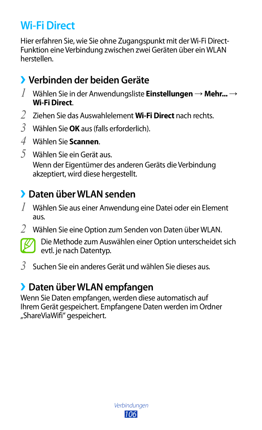 Samsung GT-P6201MAADBT Wi-Fi Direct, ››Verbinden der beiden Geräte, ››Daten über Wlan senden, ››Daten über Wlan empfangen 