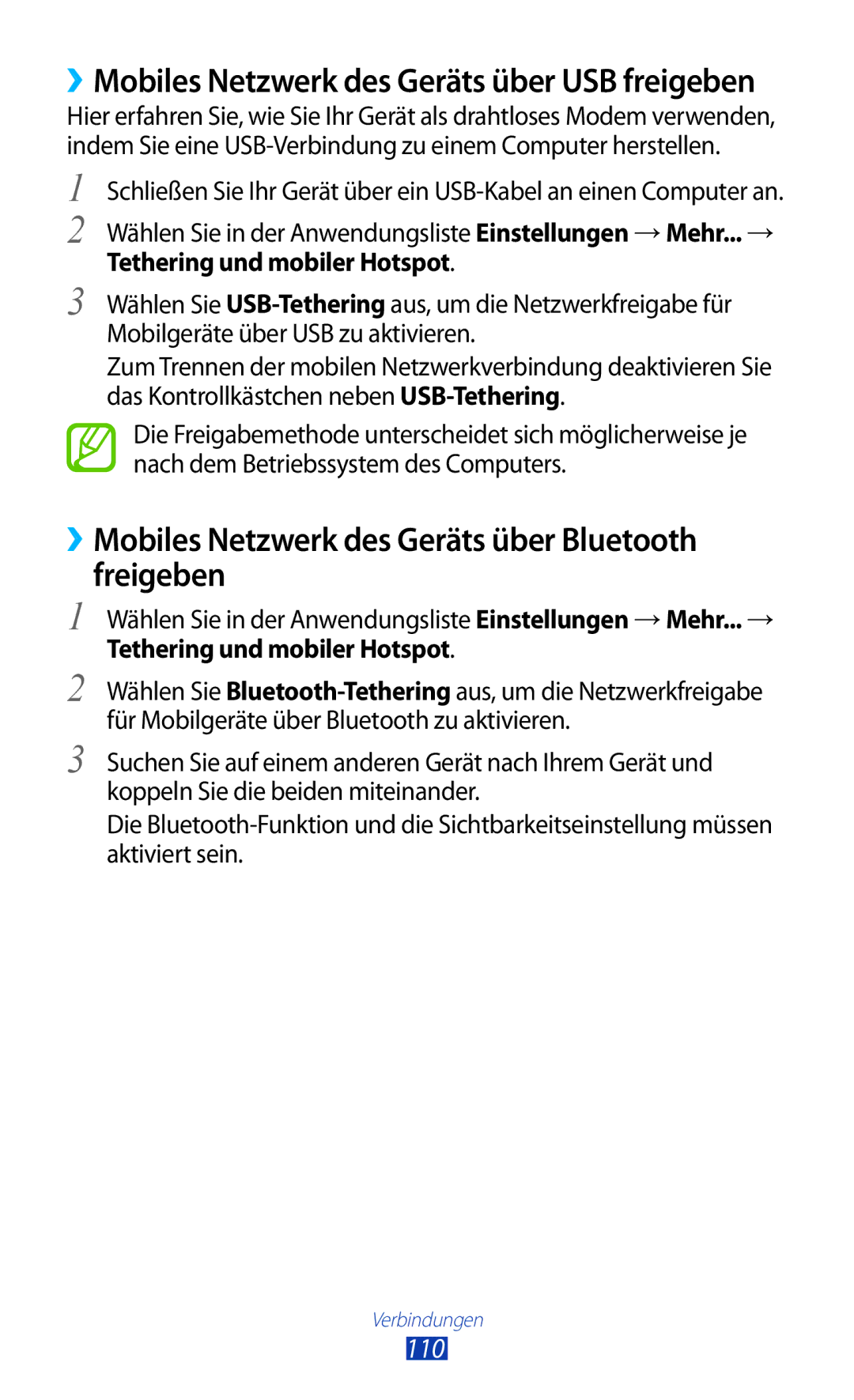 Samsung GT-P6201MAADBT, GT-P6201UWADBT manual ››Mobiles Netzwerk des Geräts über Bluetooth freigeben, 110 