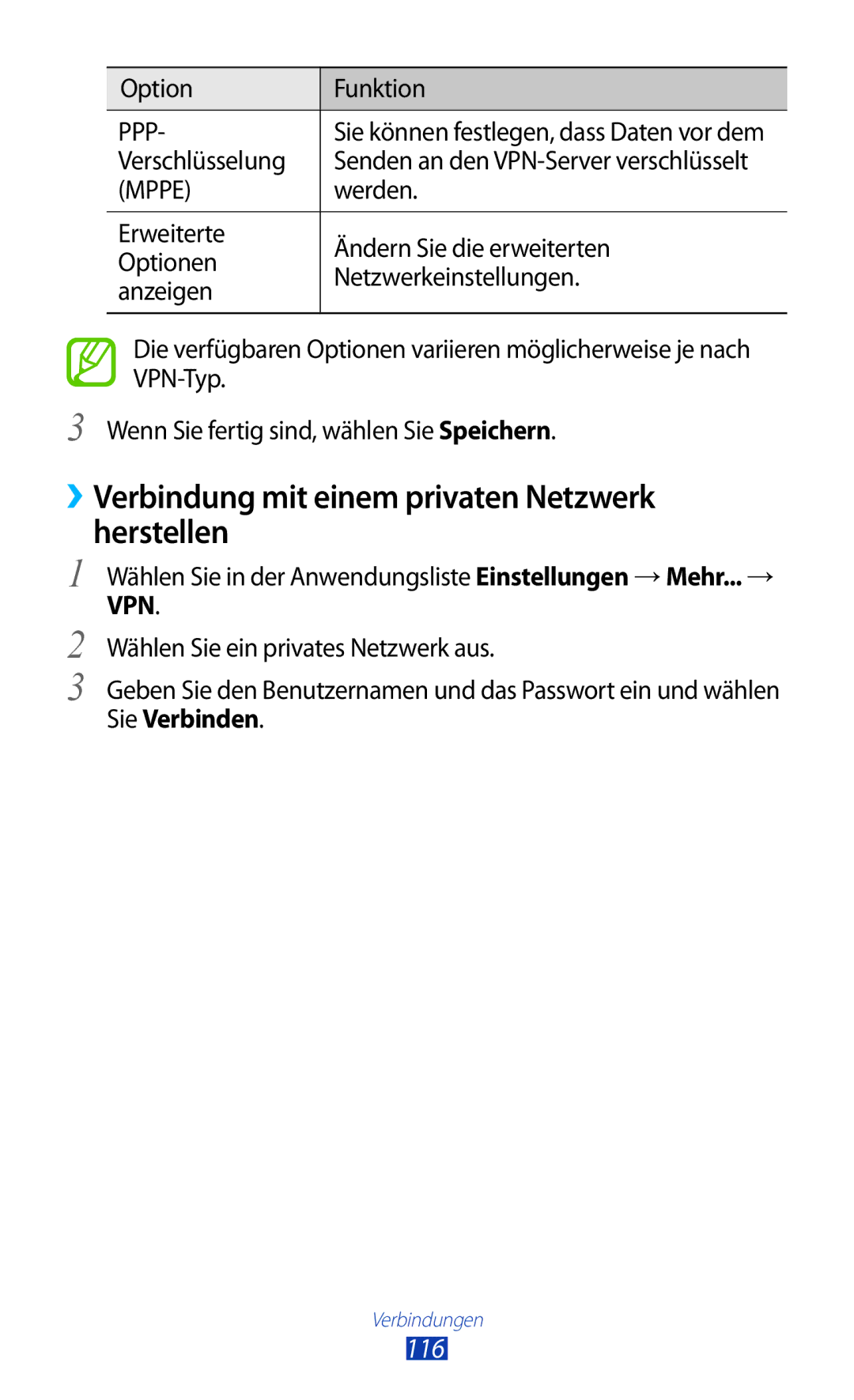 Samsung GT-P6201MAADBT manual ››Verbindung mit einem privaten Netzwerk herstellen, 116, Verschlüsselung, Sie Verbinden 