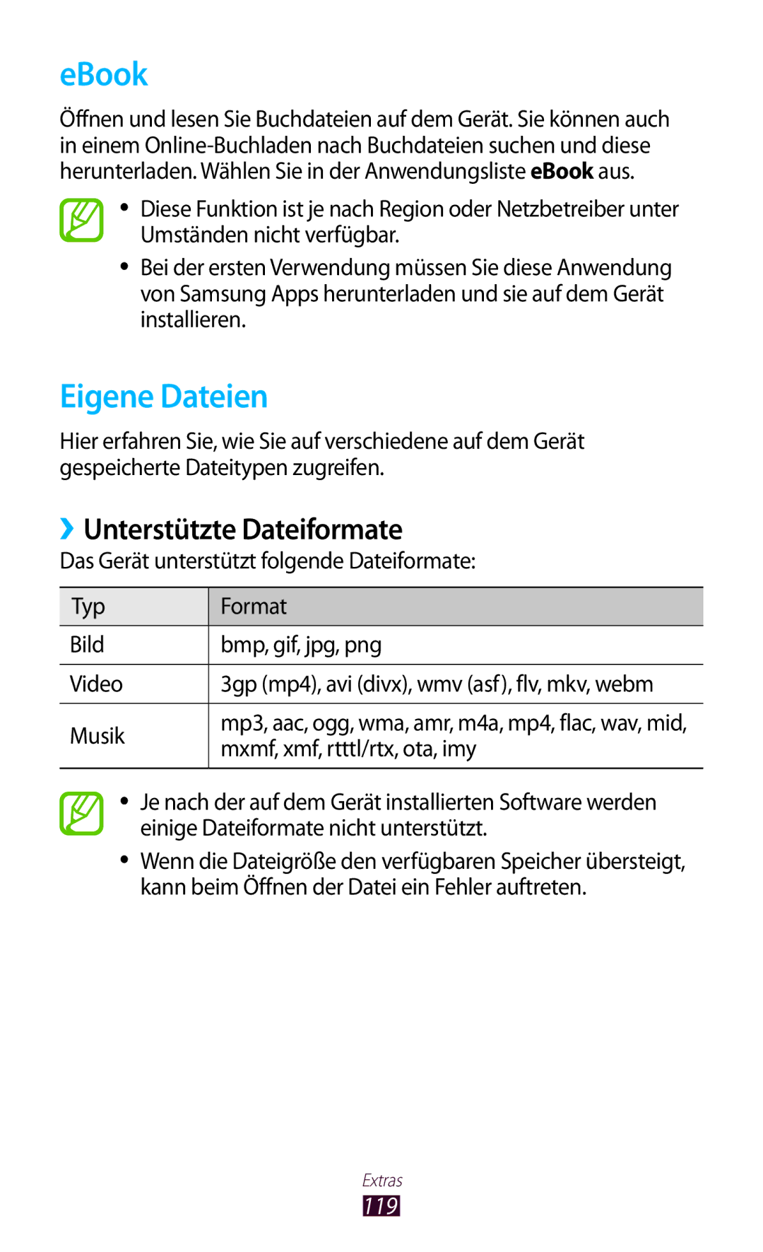 Samsung GT-P6201UWADBT, GT-P6201MAADBT manual EBook, Eigene Dateien, ››Unterstützte Dateiformate, 119 