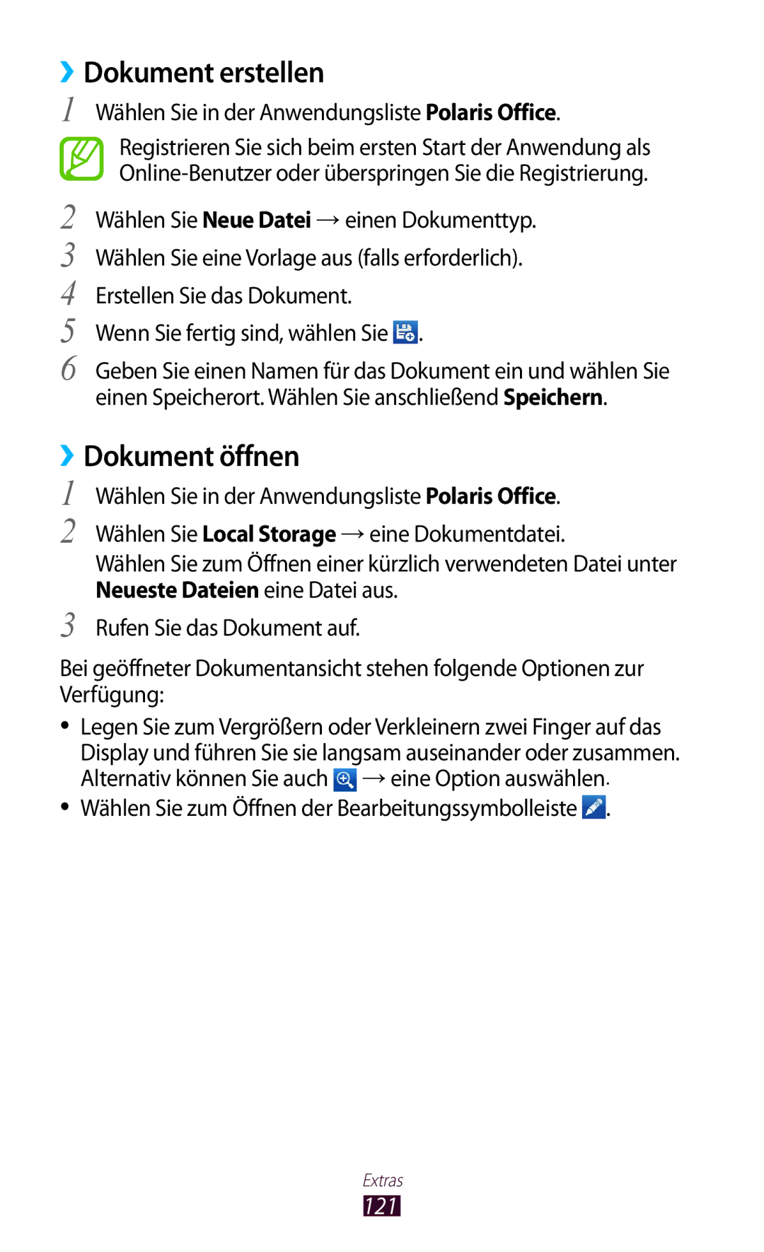 Samsung GT-P6201UWADBT ››Dokument erstellen, ››Dokument öffnen, 121, Wählen Sie in der Anwendungsliste Polaris Office 