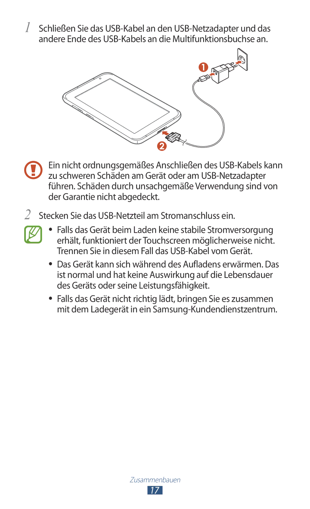 Samsung GT-P6201UWADBT, GT-P6201MAADBT manual Stecken Sie das USB-Netzteil am Stromanschluss ein 