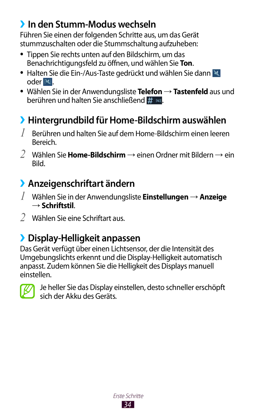 Samsung GT-P6201MAADBT manual ››In den Stumm-Modus wechseln, ››Anzeigenschriftart ändern, ››Display-Helligkeit anpassen 