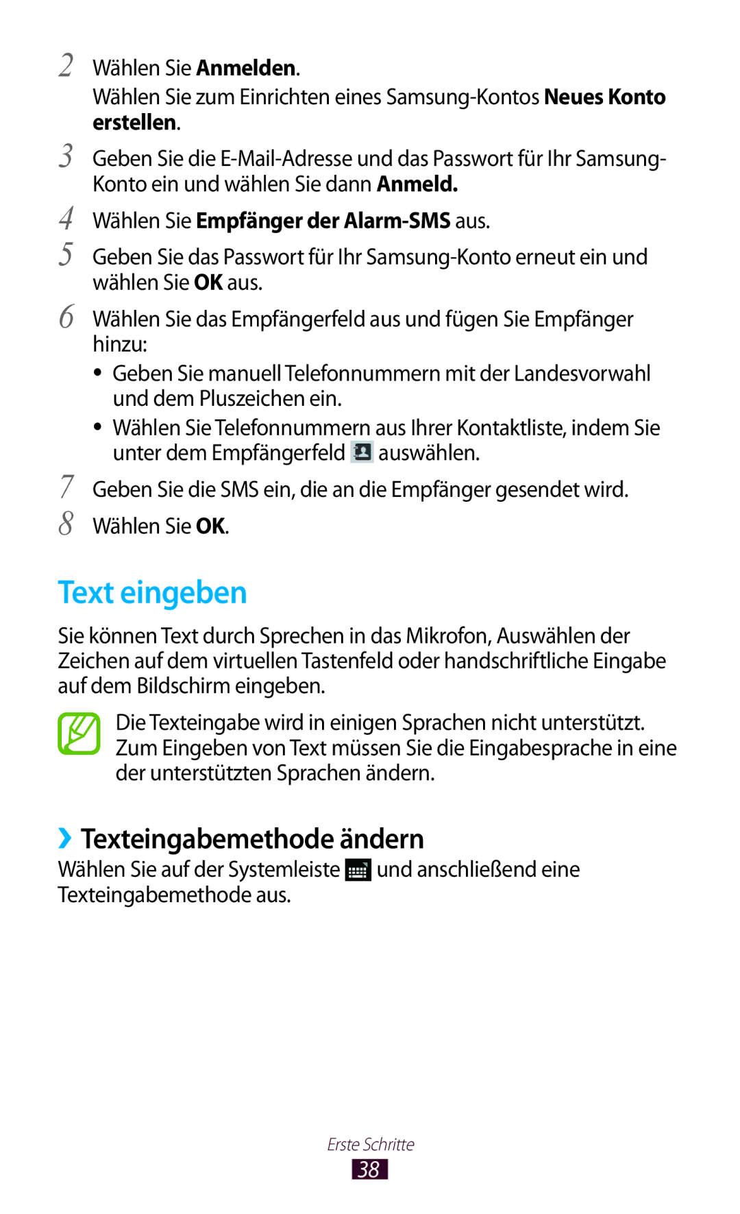 Samsung GT-P6201MAADBT, GT-P6201UWADBT Text eingeben, ››Texteingabemethode ändern, Wählen Sie Empfänger der Alarm-SMS aus 