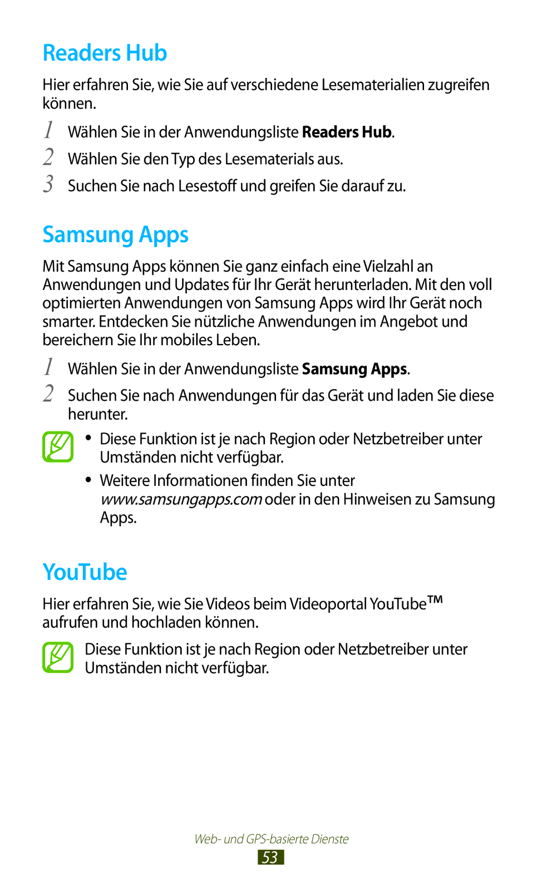 Samsung GT-P6201UWADBT manual Readers Hub, Samsung Apps, YouTube, Suchen Sie nach Lesestoff und greifen Sie darauf zu 