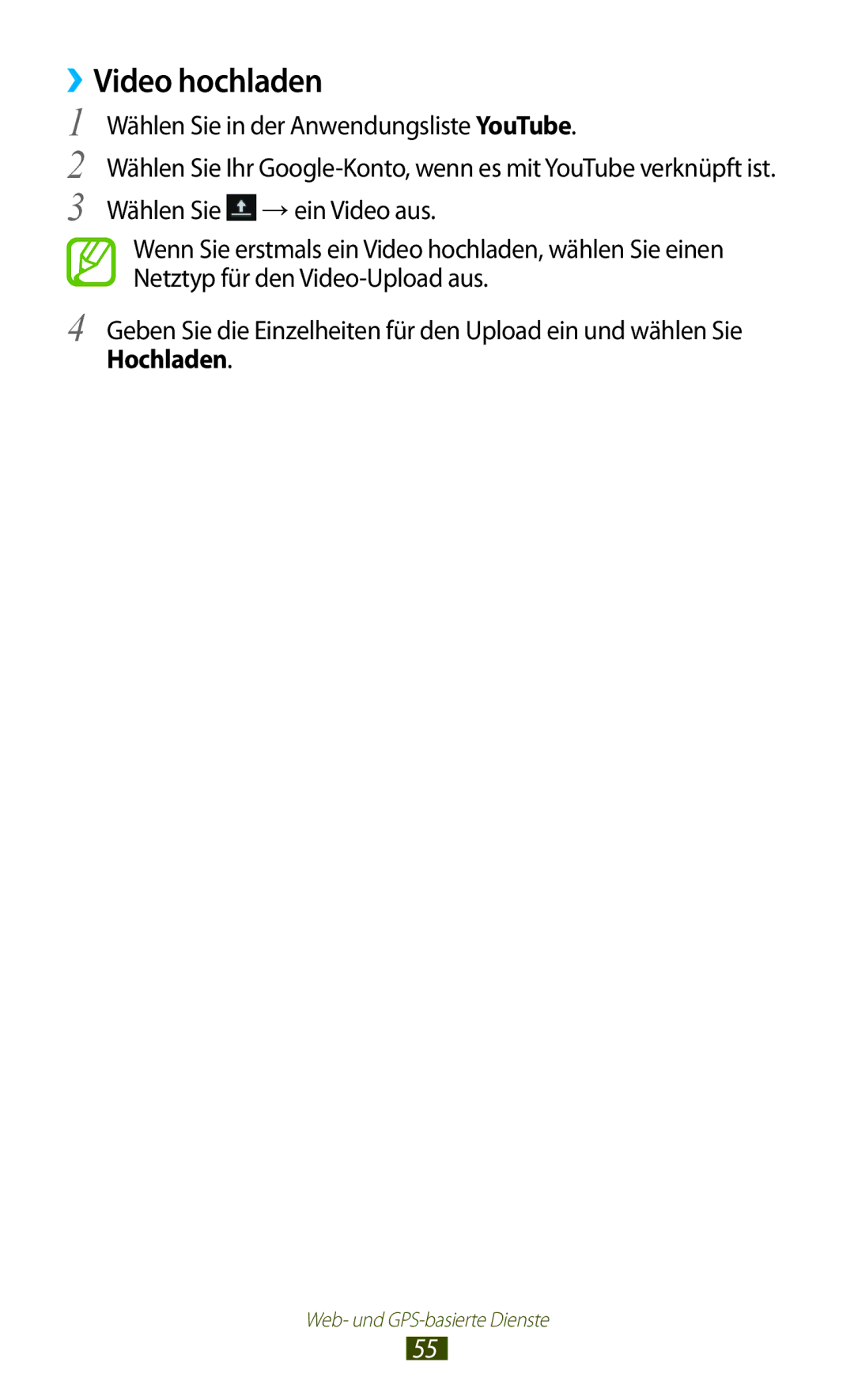 Samsung GT-P6201UWADBT, GT-P6201MAADBT manual ››Video hochladen, Hochladen 