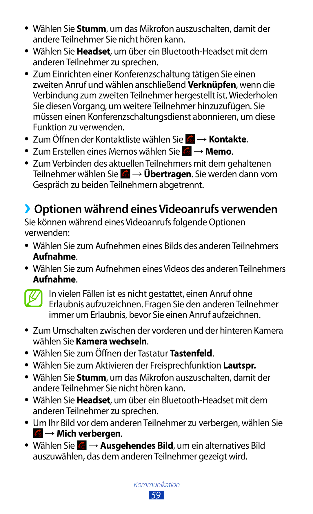 Samsung GT-P6201UWADBT, GT-P6201MAADBT manual ››Optionen während eines Videoanrufs verwenden, →Memo 