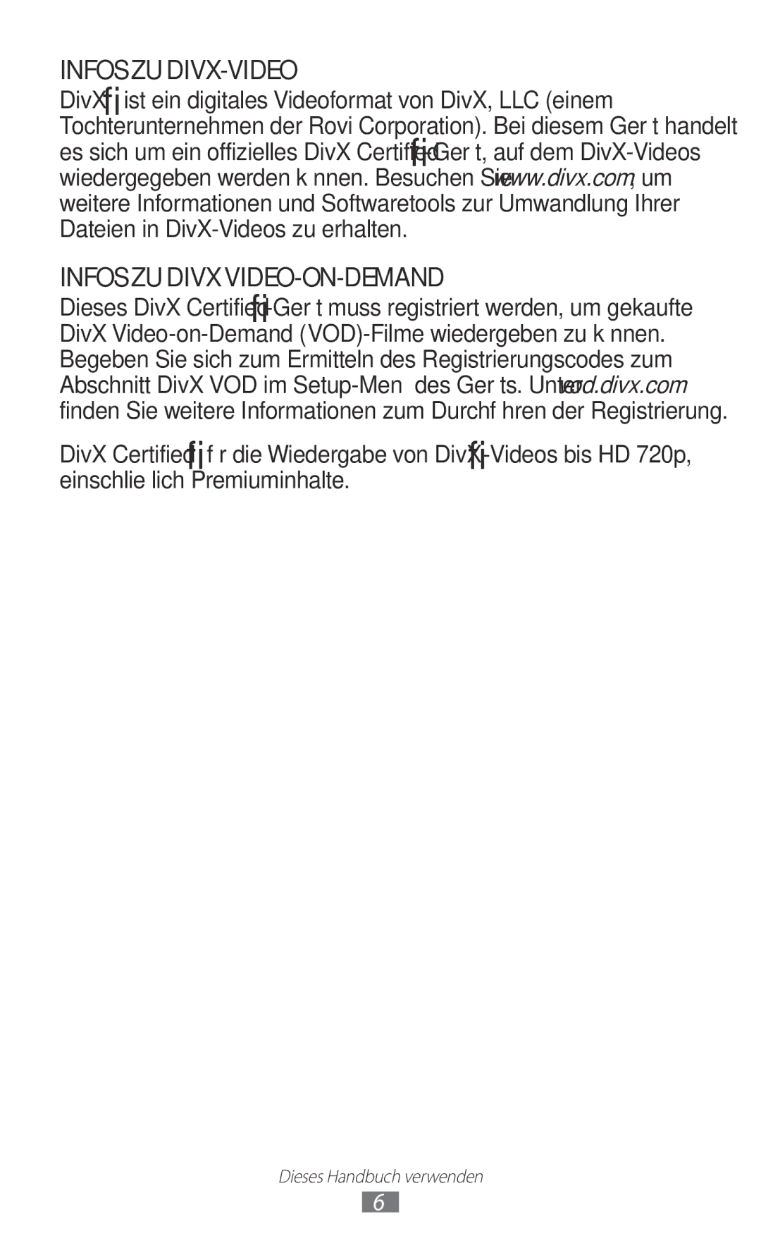 Samsung GT-P6201MAADBT, GT-P6201UWADBT manual Infos ZU DIVX-VIDEO Infos ZU Divx VIDEO-ON-DEMAND 