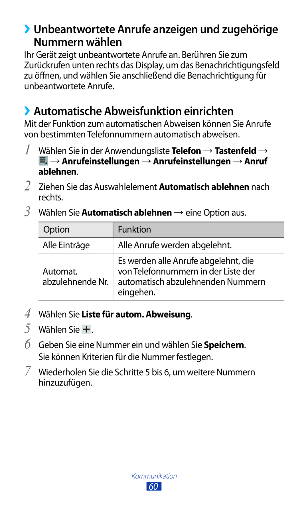 Samsung GT-P6201MAADBT Nummern wählen, ››Automatische Abweisfunktion einrichten, Wählen Sie Liste für autom. Abweisung 