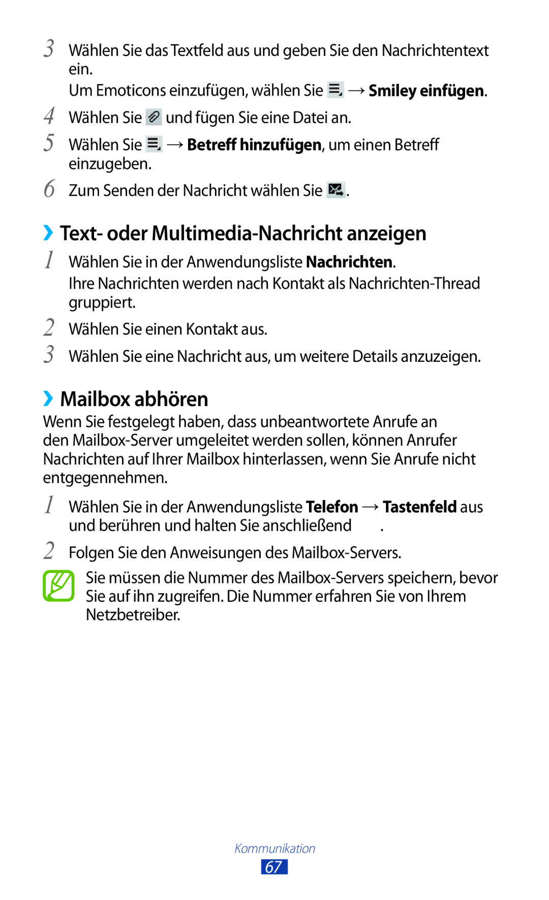 Samsung GT-P6201UWADBT, GT-P6201MAADBT manual ››Text- oder Multimedia-Nachricht anzeigen, ››Mailbox abhören 